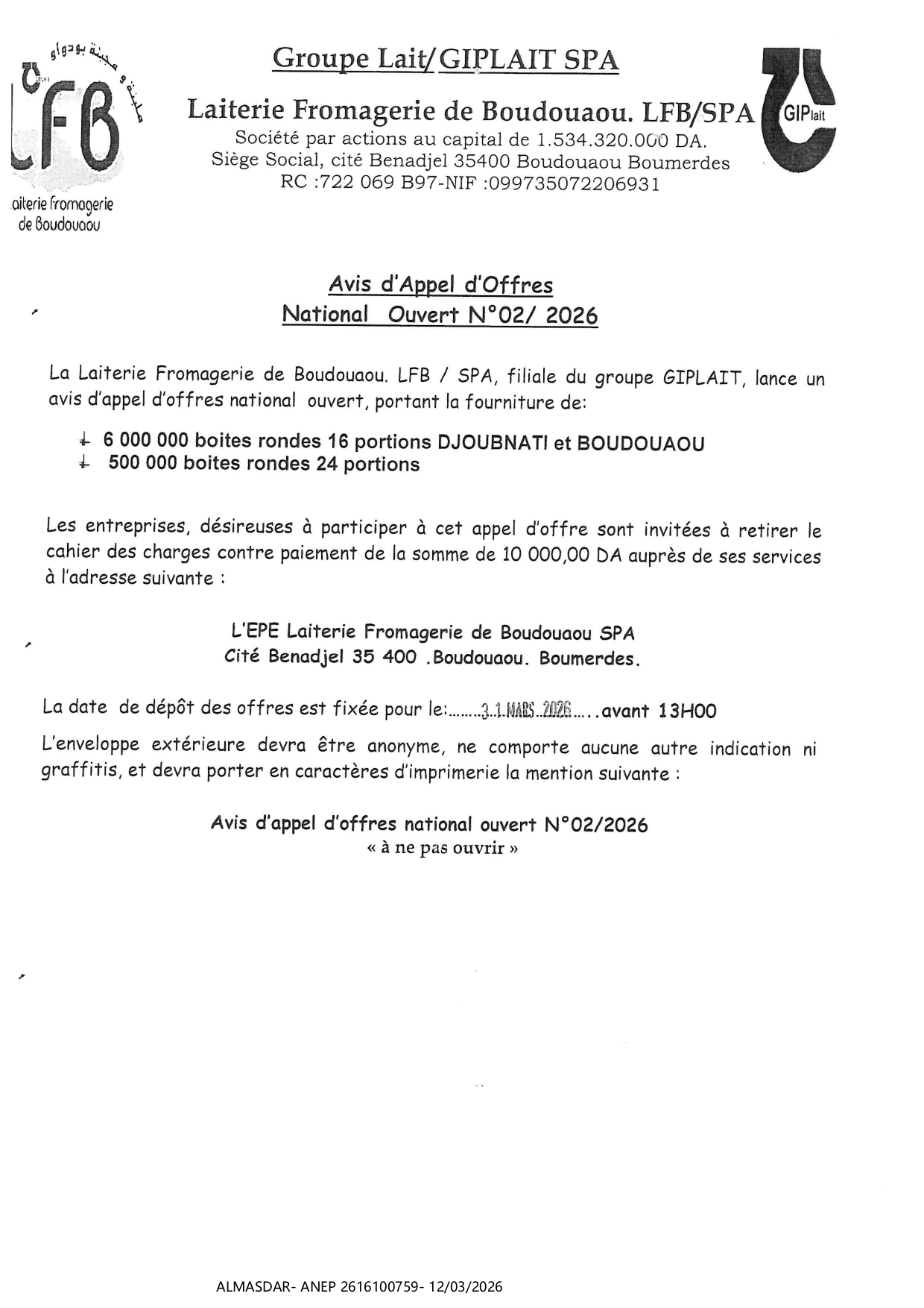 AVIS D'APPEL D'OFFRES NATIONAL OUVERT N 02/2026