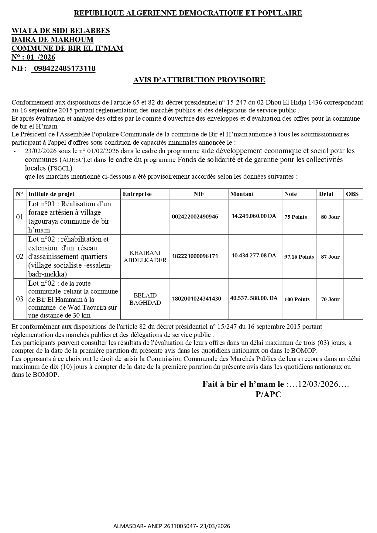 */AVIS D’ATTRIBUTION PROVISOIRE 