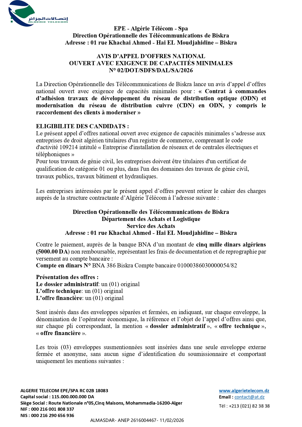 AVIS D’APPEL D’OFFRES NATIONAL   OUVERT AVEC EXIGENCE DE CAPACITÉS MINIMALES   N° 02/DOT/SDFS/DAL/SA/2026