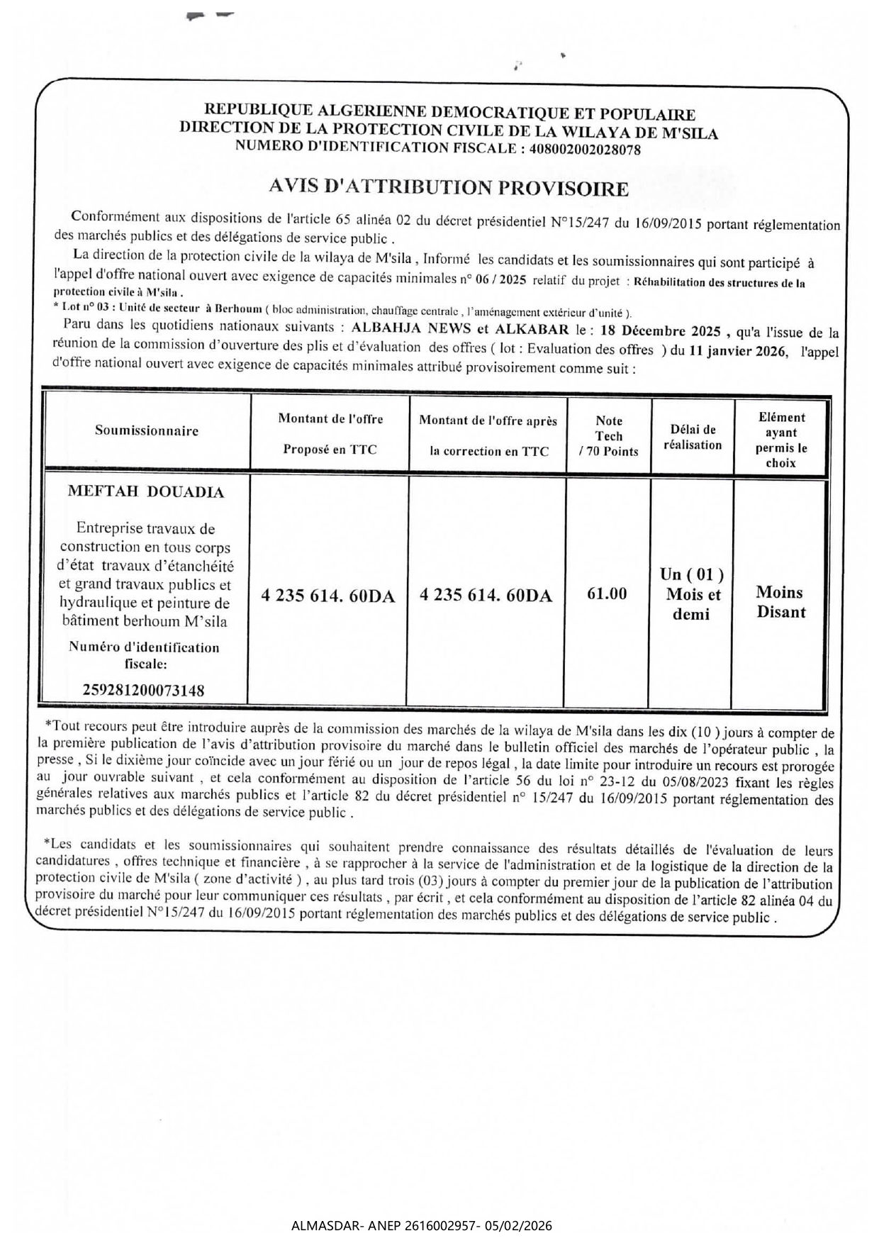 AVIS D'ATTRIBUTI0N PROVISOIRE*/