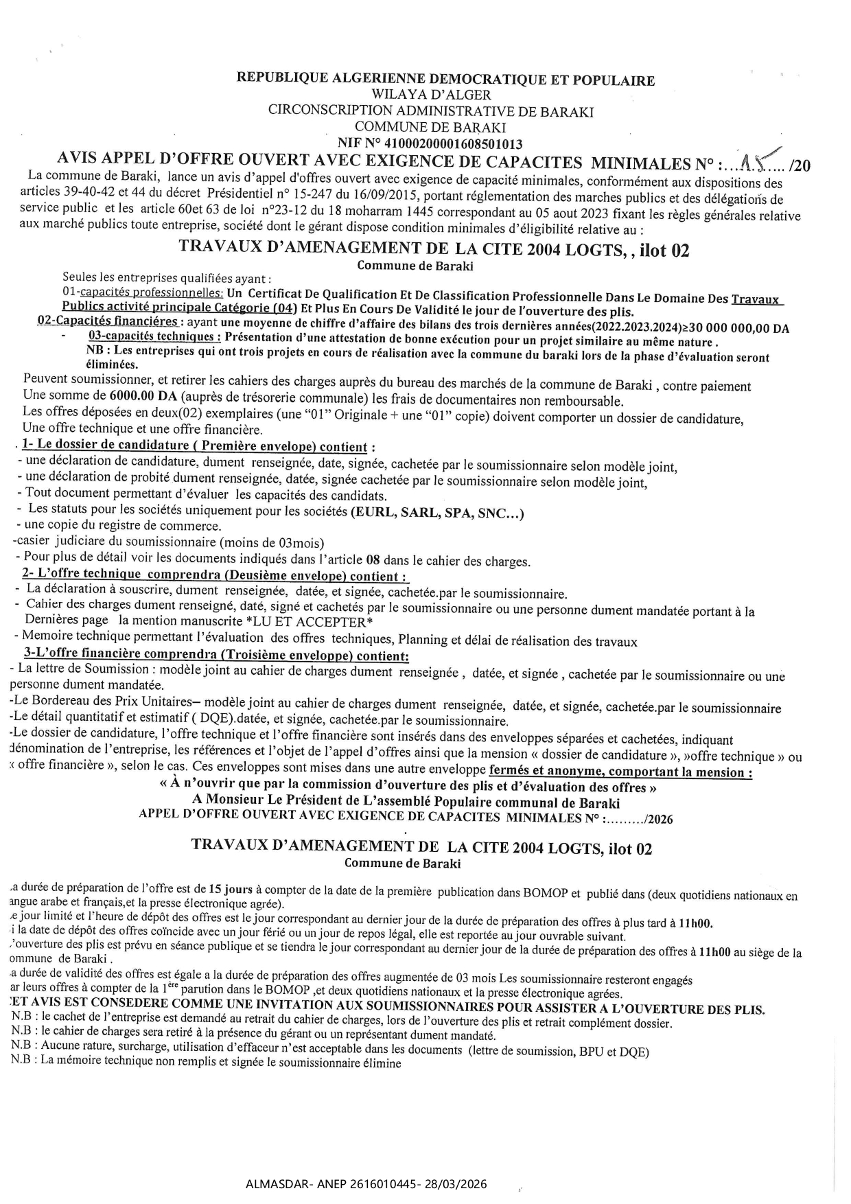 avis d'appel d'offre ouvert avec exigence de capacites minimales n 15/20