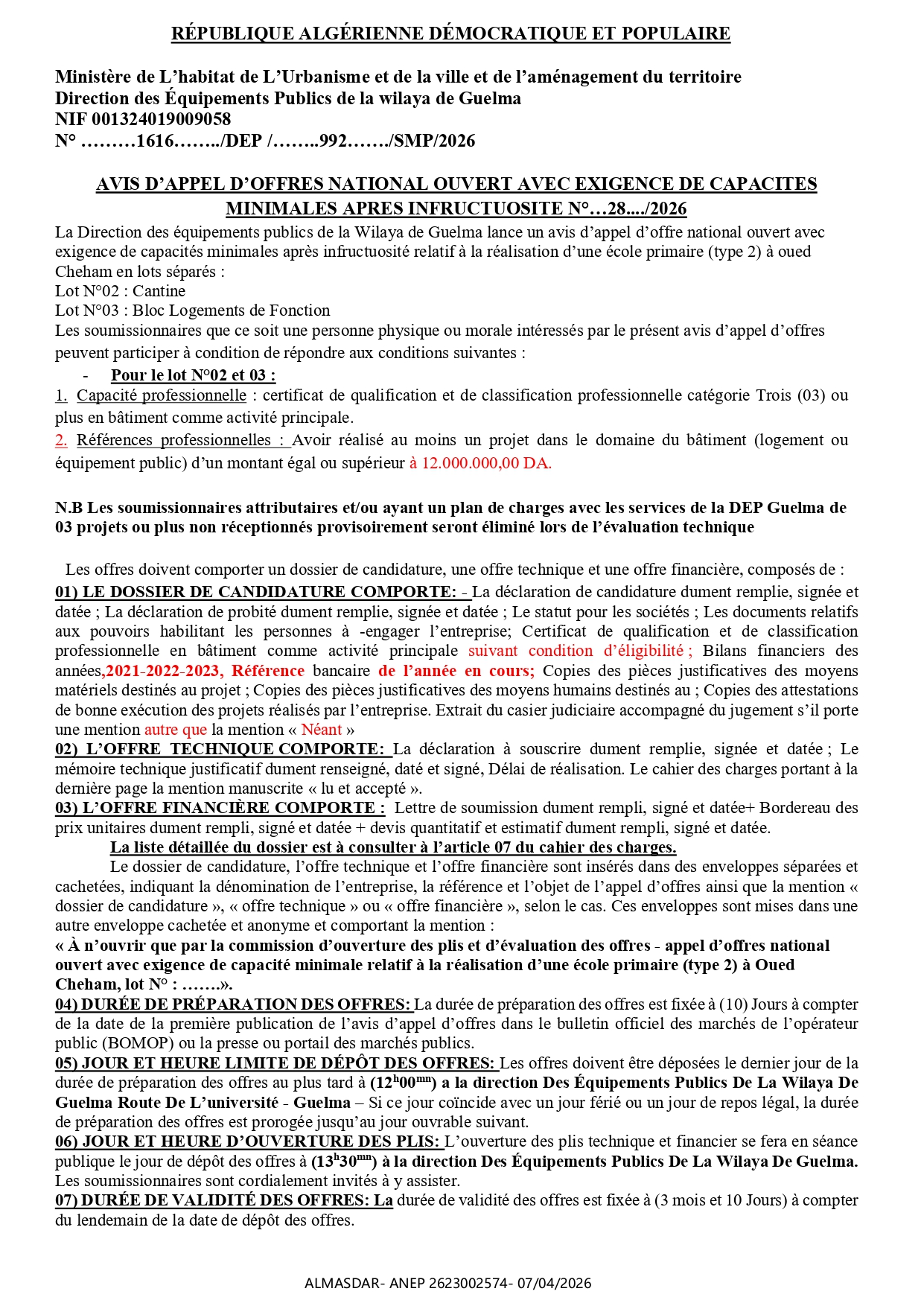 AVIS D’APPEL D’OFFRES NATIONAL OUVERT AVEC EXIGENCE DE CAPACITES  MINIMALES APRES INFRUCTUOSITE N°…28..../2026
