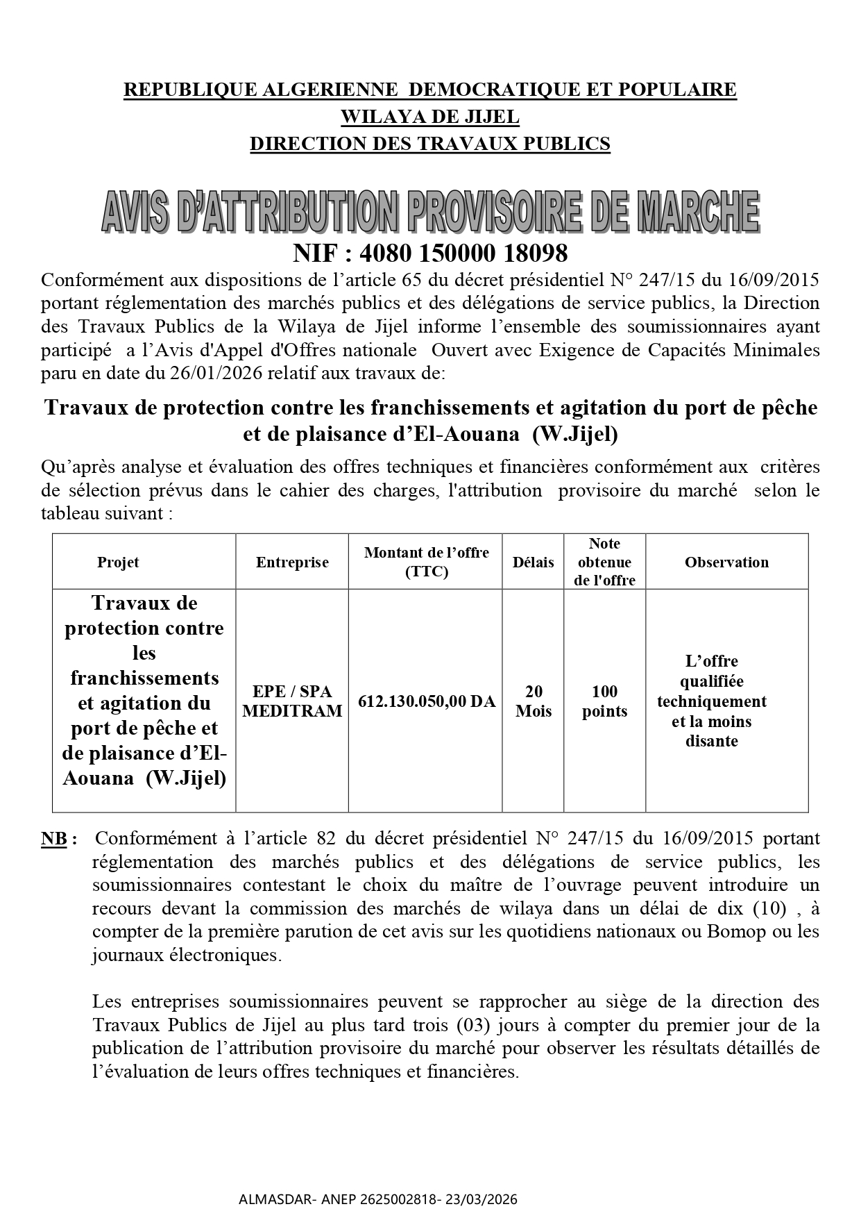avis d'attribution provisoire de marche*/