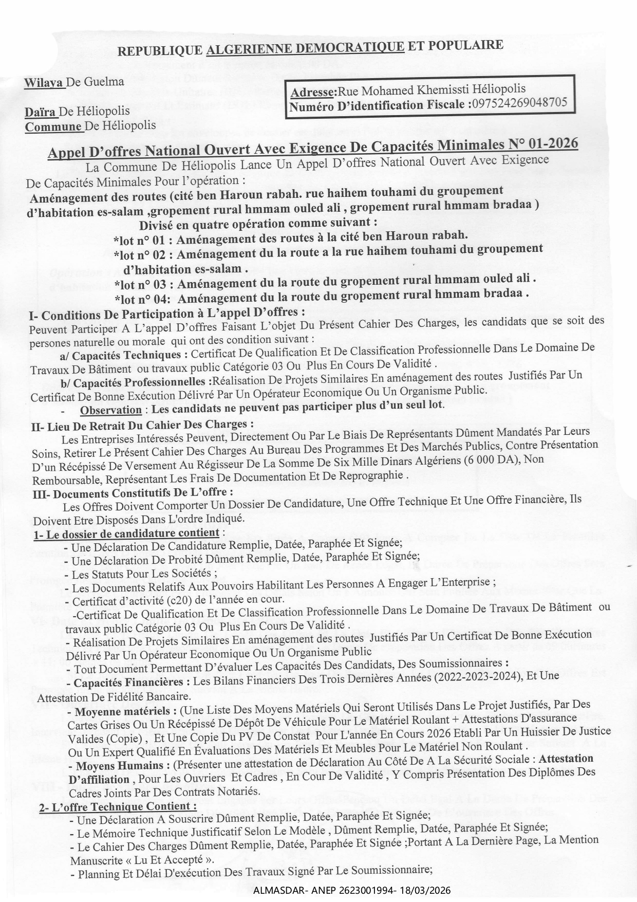 appel d'offres national ouvert avec  exigence de capacites minimales n 01/2026