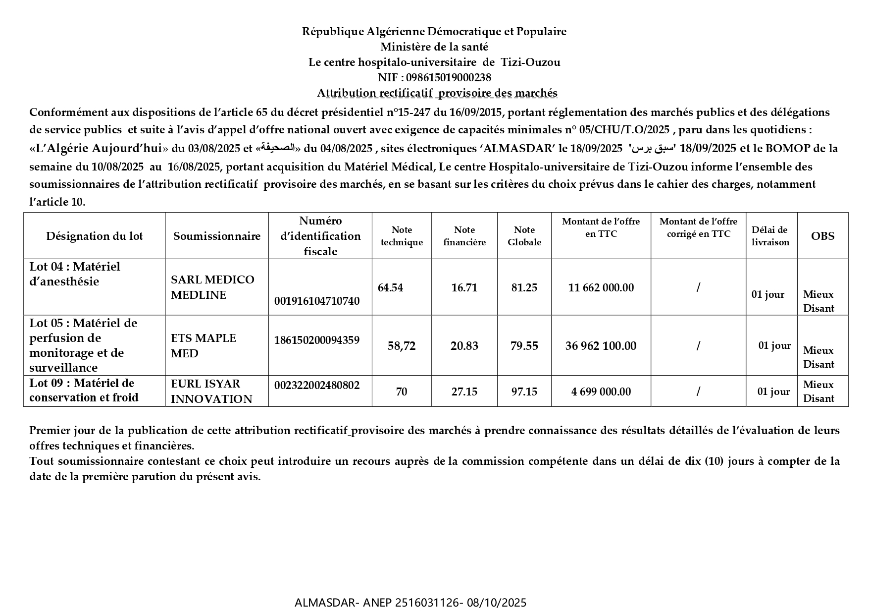 attribution rectificatif provisoire des marchés