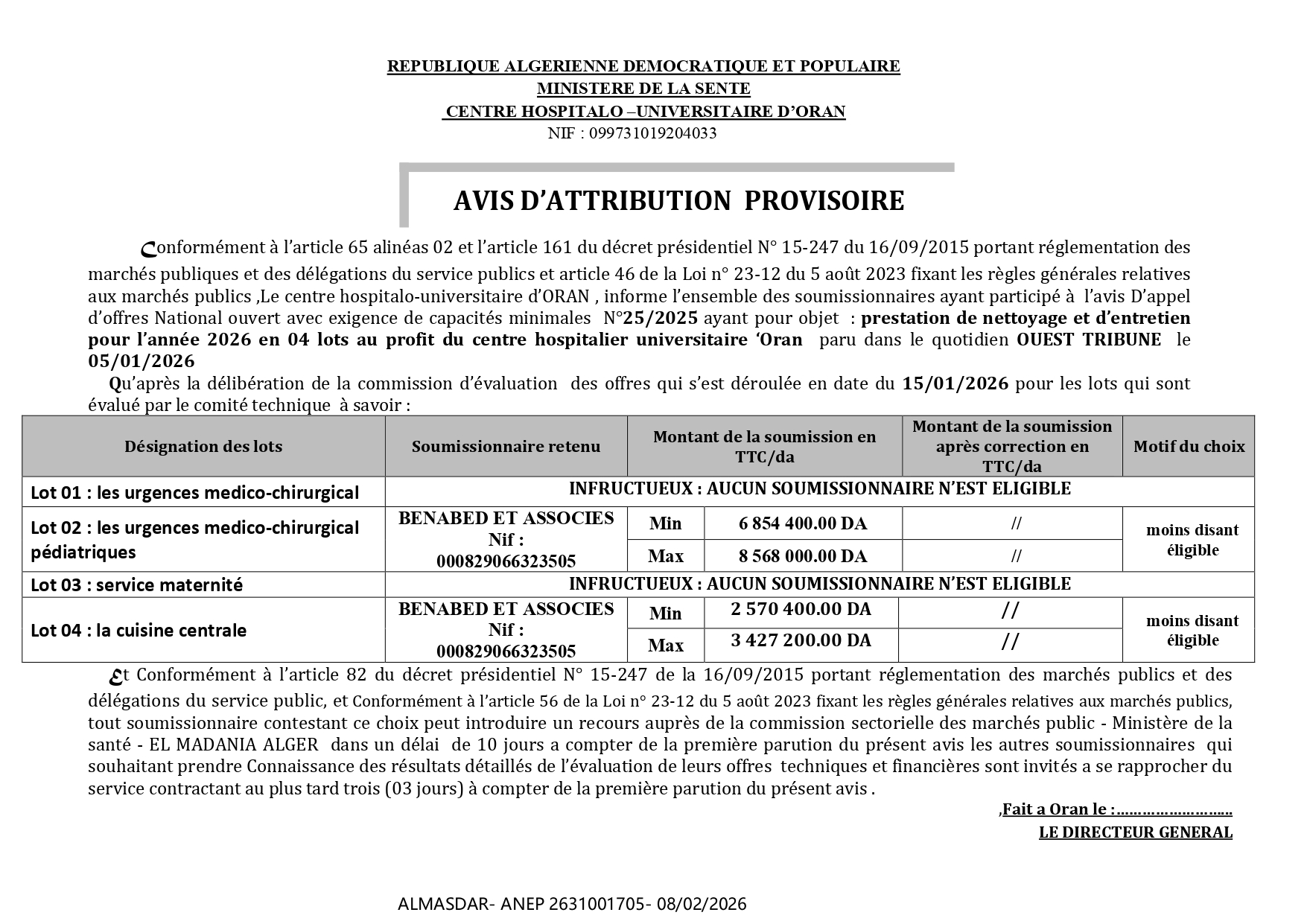 */*/AVIS D’ATTRIBUTION  PROVISOIRE