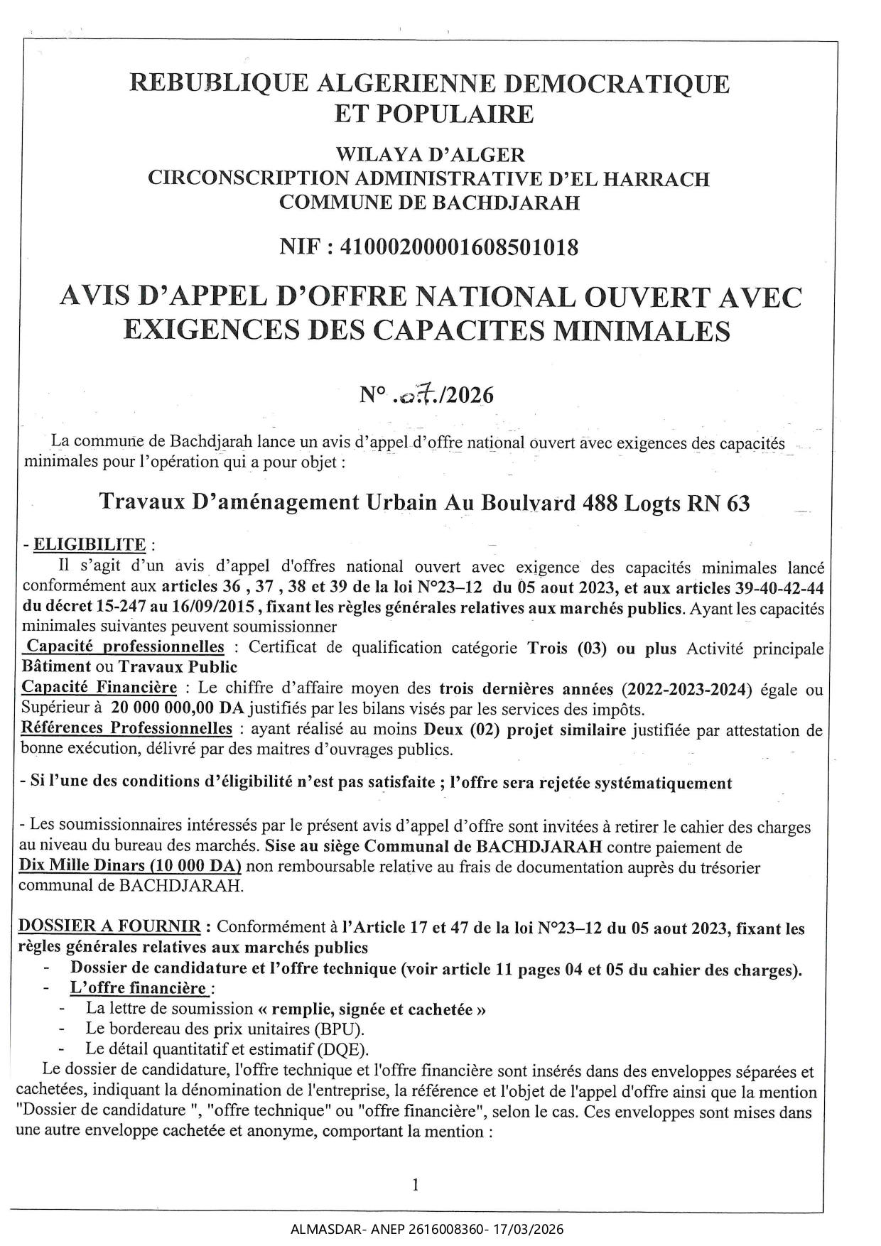 AVIS D'APPEL D'OFFRE NATIONAL OUVERT AVEC EXIGENCE DES CAPACITES MINIMALES N 07/2026