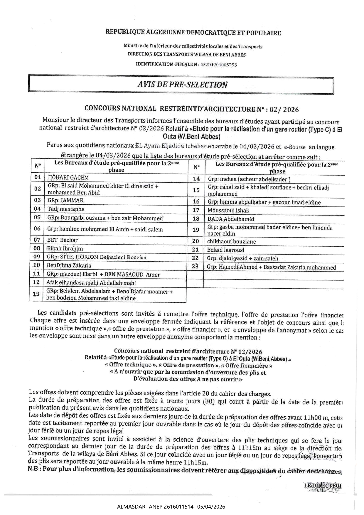 AVIS DE PRE-SELECTION/ CONCOURS NATIONAL RESTREINT D'ARCHITECTURE N 02/2026