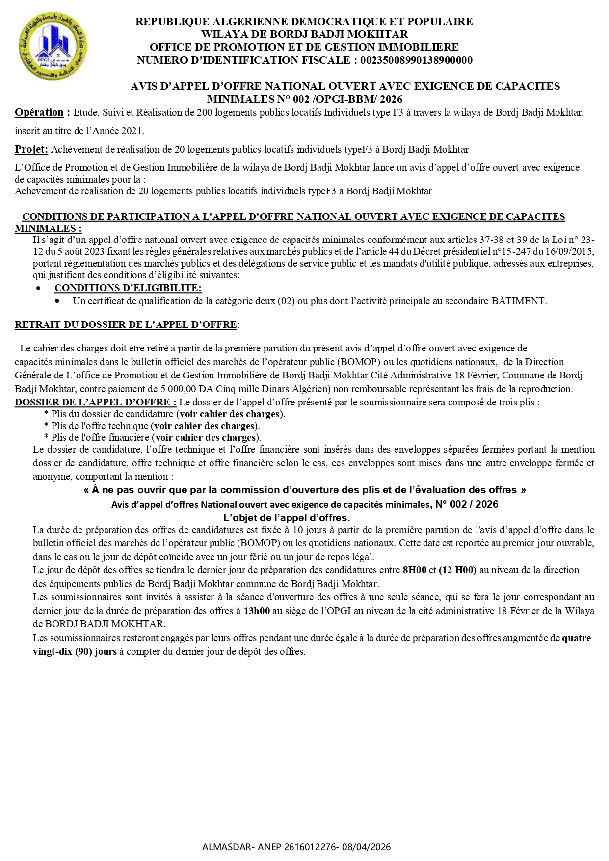 AVIS D’APPEL D’OFFRE NATIONAL OUVERT AVEC EXIGENCE DE CAPACITES  MINIMALES N° 002 /OPGI-BBM/ 2026