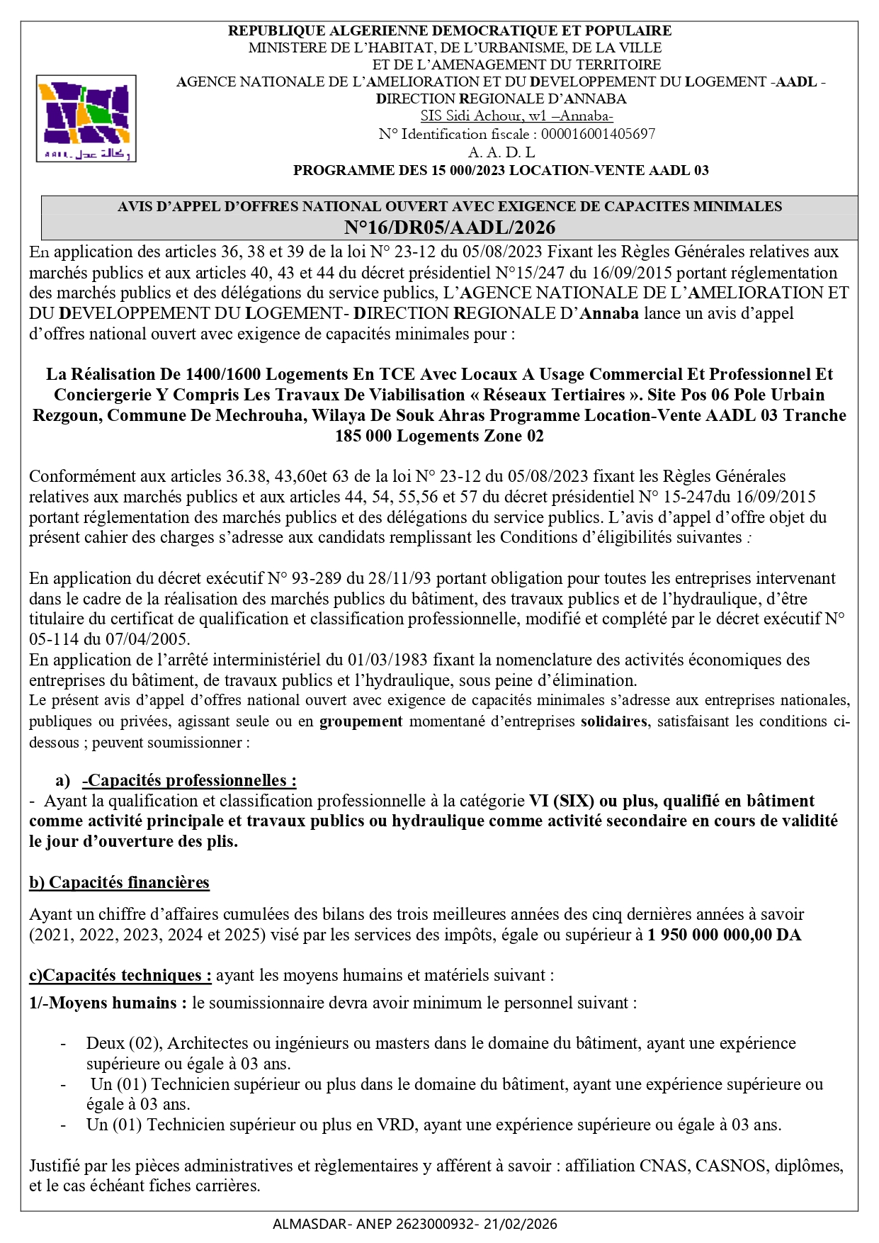 AVIS D’APPEL D’OFFRES NATIONAL OUVERT AVEC EXIGENCE DE CAPACITES MINIMALES   N°16/DR05/AADL/2026