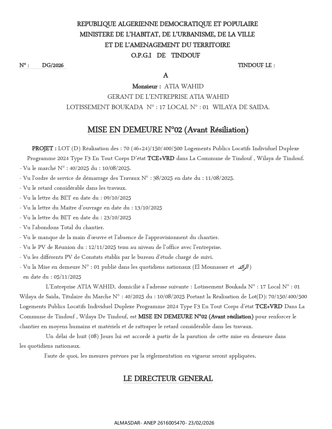 MISE EN DEMEURE N°02 (Avant Résiliation) 