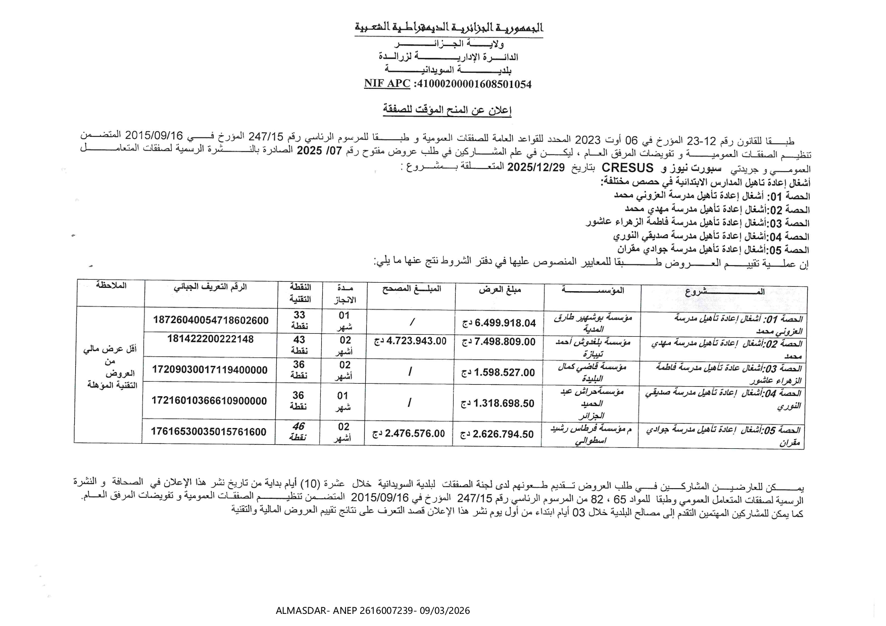 -*إعلان عن المنح المؤقت للصفقة