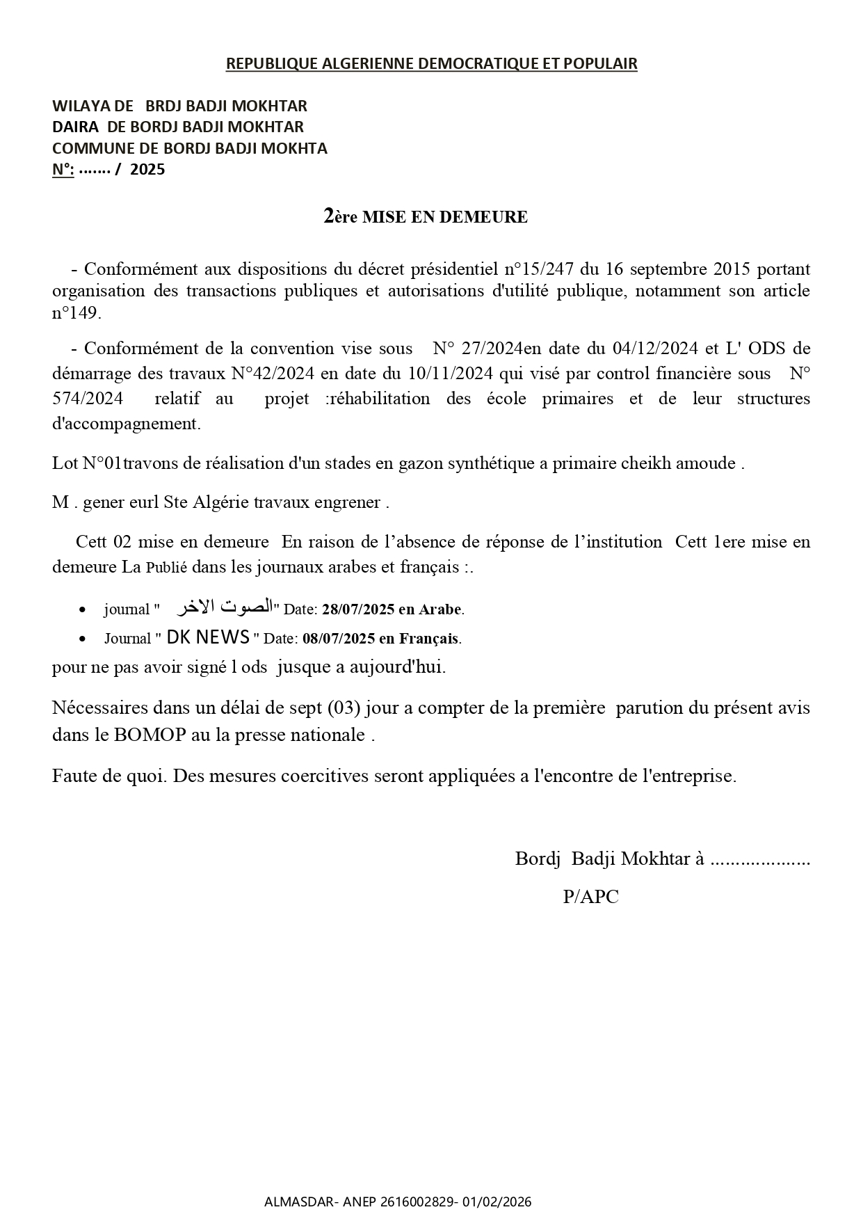   2ère MISE EN DEMEURE 