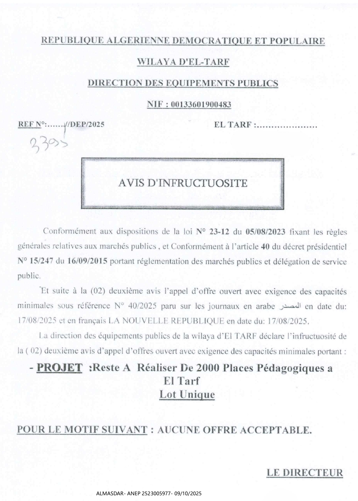 AVIS D'INFRUCTUOSITE.