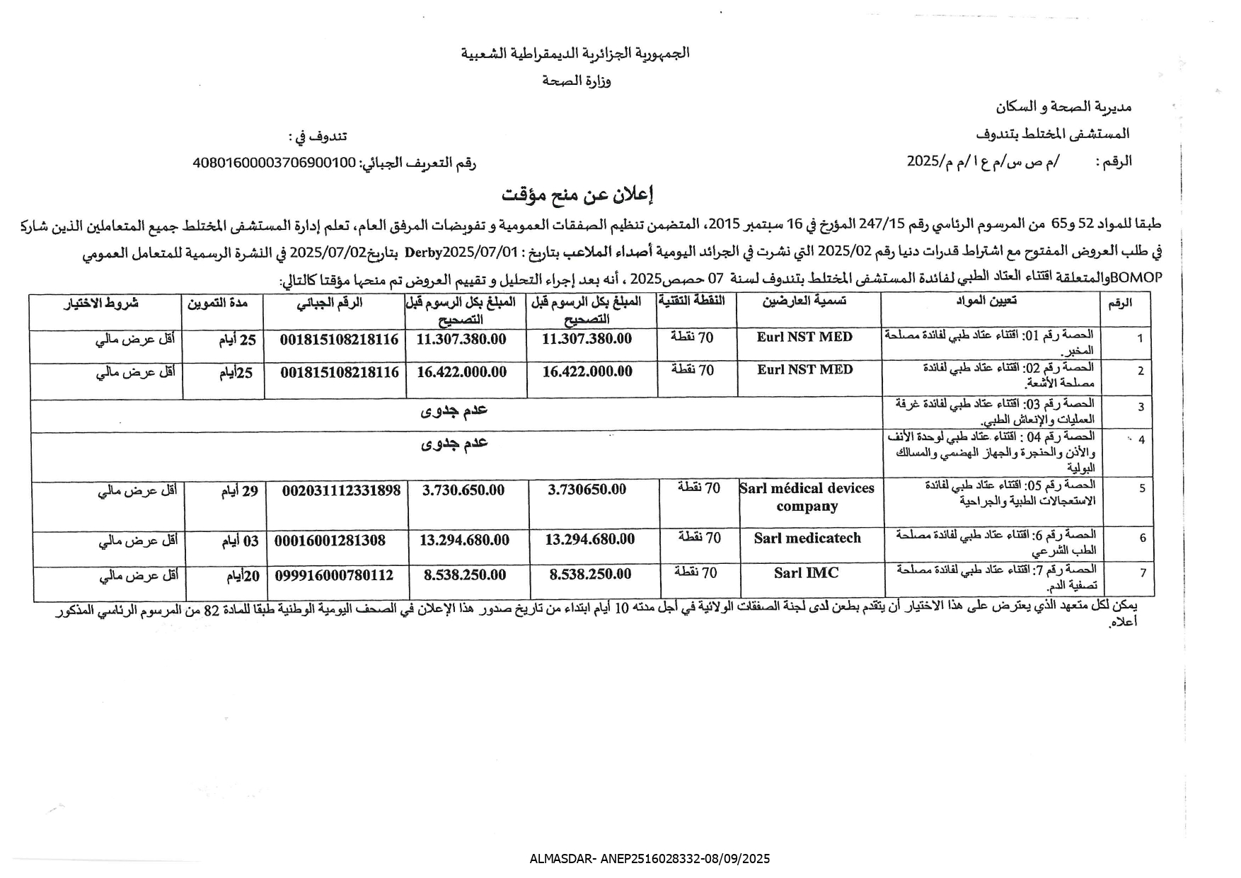 إعلان عن منح مؤقت