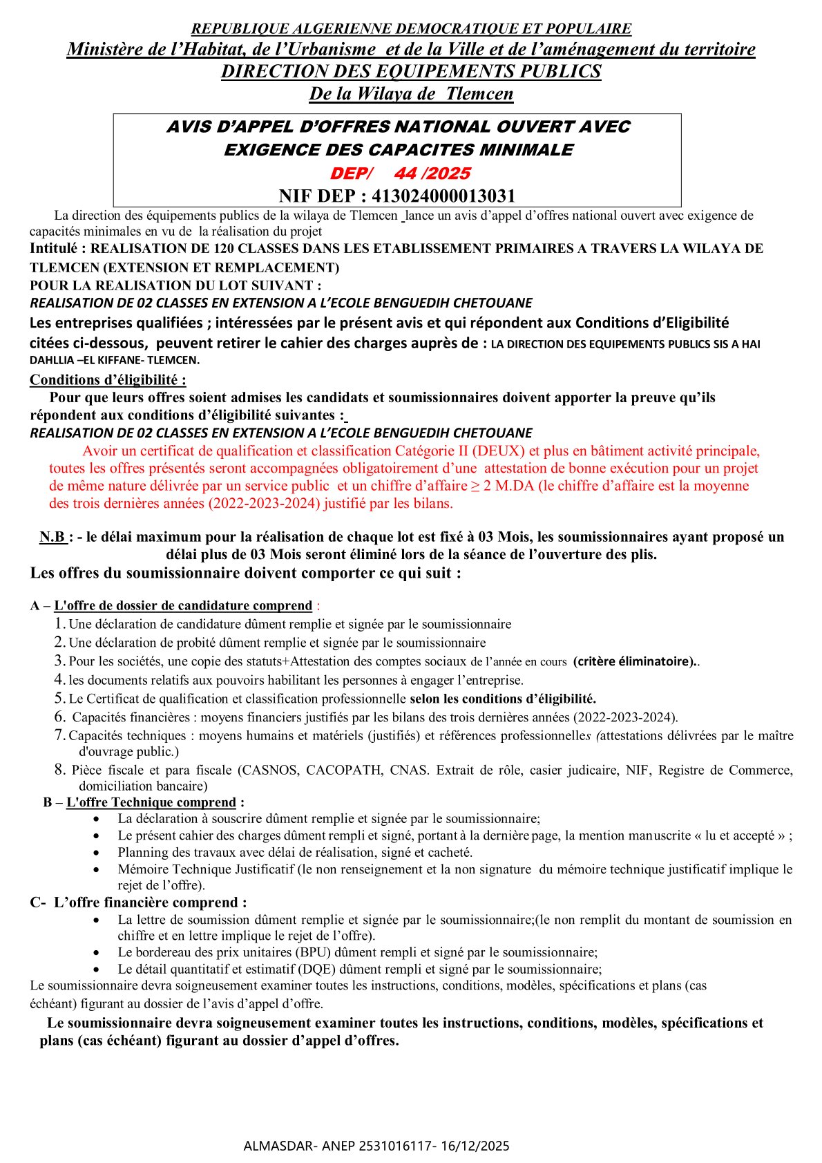 AVIS D’APPEL D’OFFRES NATIONAL OUVERT AVEC  EXIGENCE DES CAPACITES MINIMALE     DEP/    44 /2025 