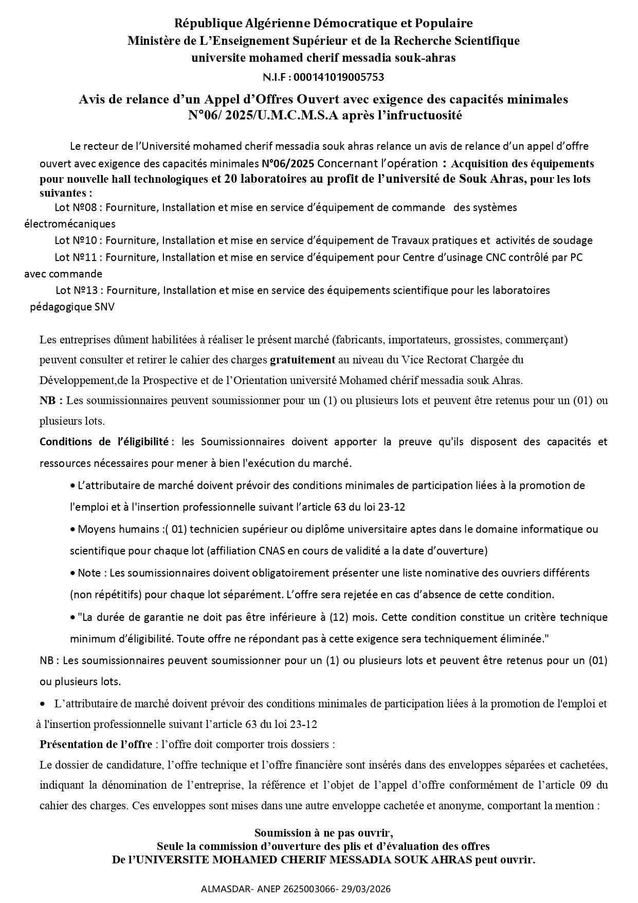 Avis de relance d’un Appel d’Offres Ouvert avec exigence des capacités minimales  N°06/ 2025/U.M.C.M.S.A après l’infructuosité