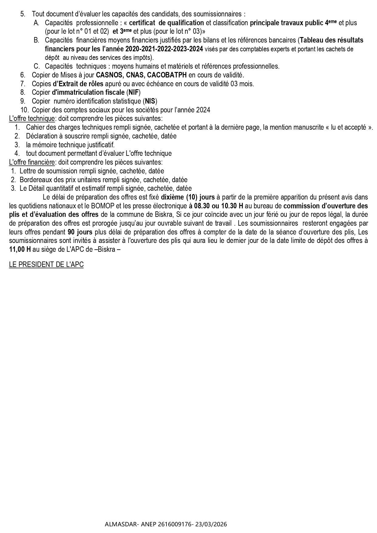Avis d'appel d'offres national ouvert avec exigences de capacité minimale n 05/2026