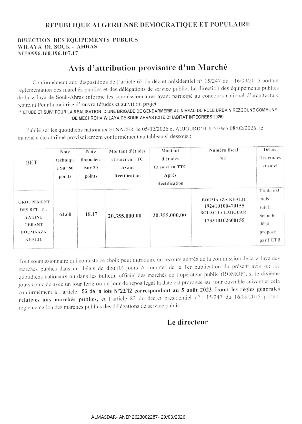 AVIS D'ATTRIBUTION PROVISOIRE D'UN MARCHE*/*/
