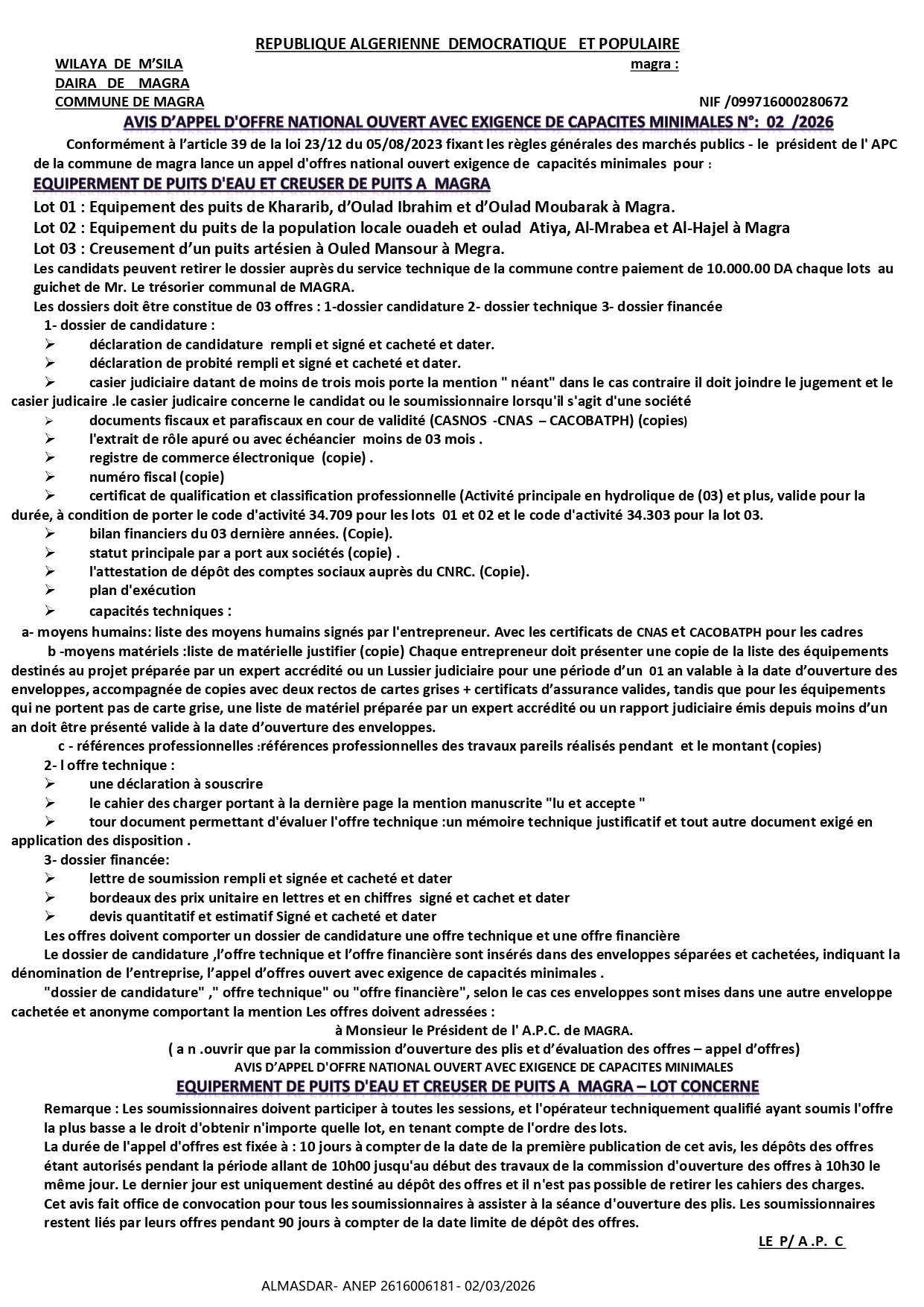 -AVIS D'APPEL D'OFFRE NATIONAL OUVERT AVEC EXIGENCE DE CAPACITES MINIMALES N 02/2026