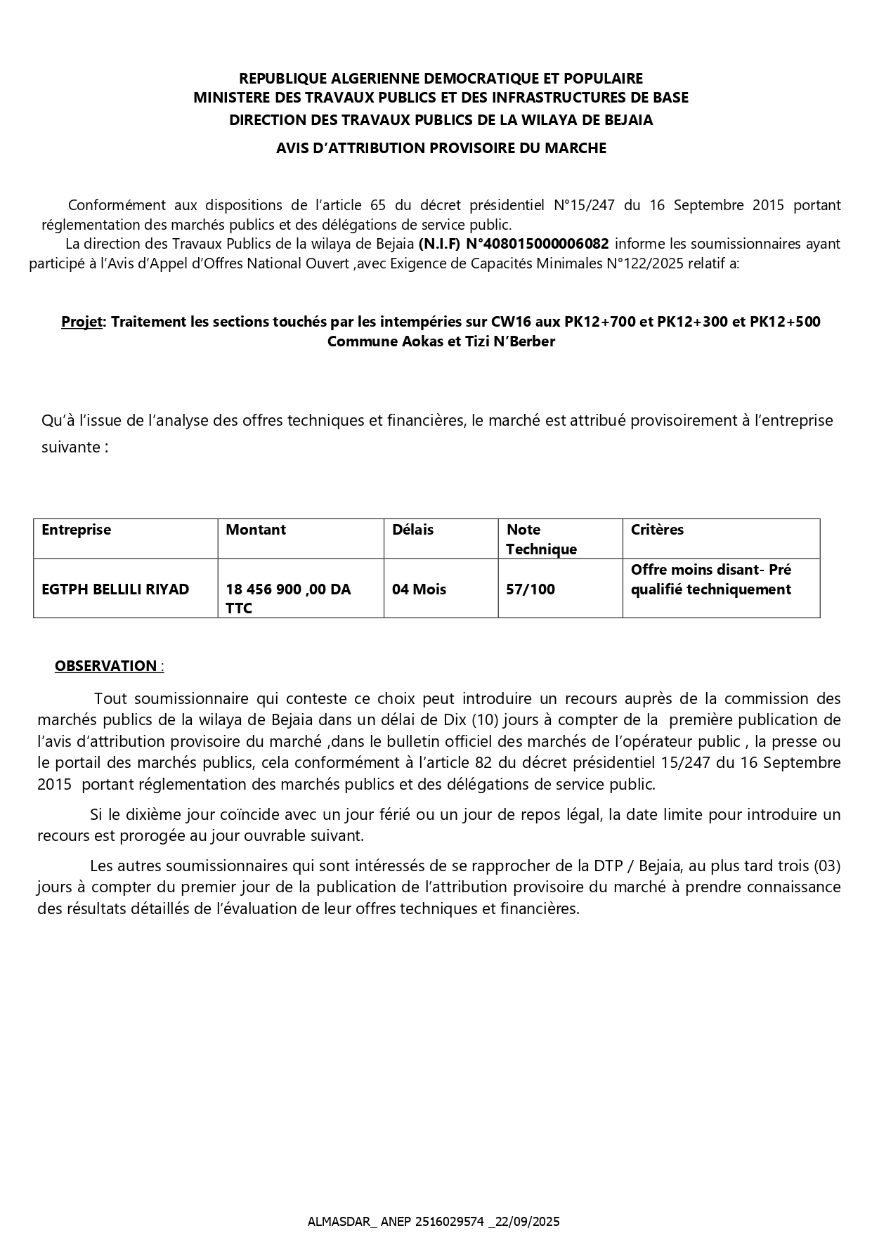 avis  d'attribution provisoire du marché