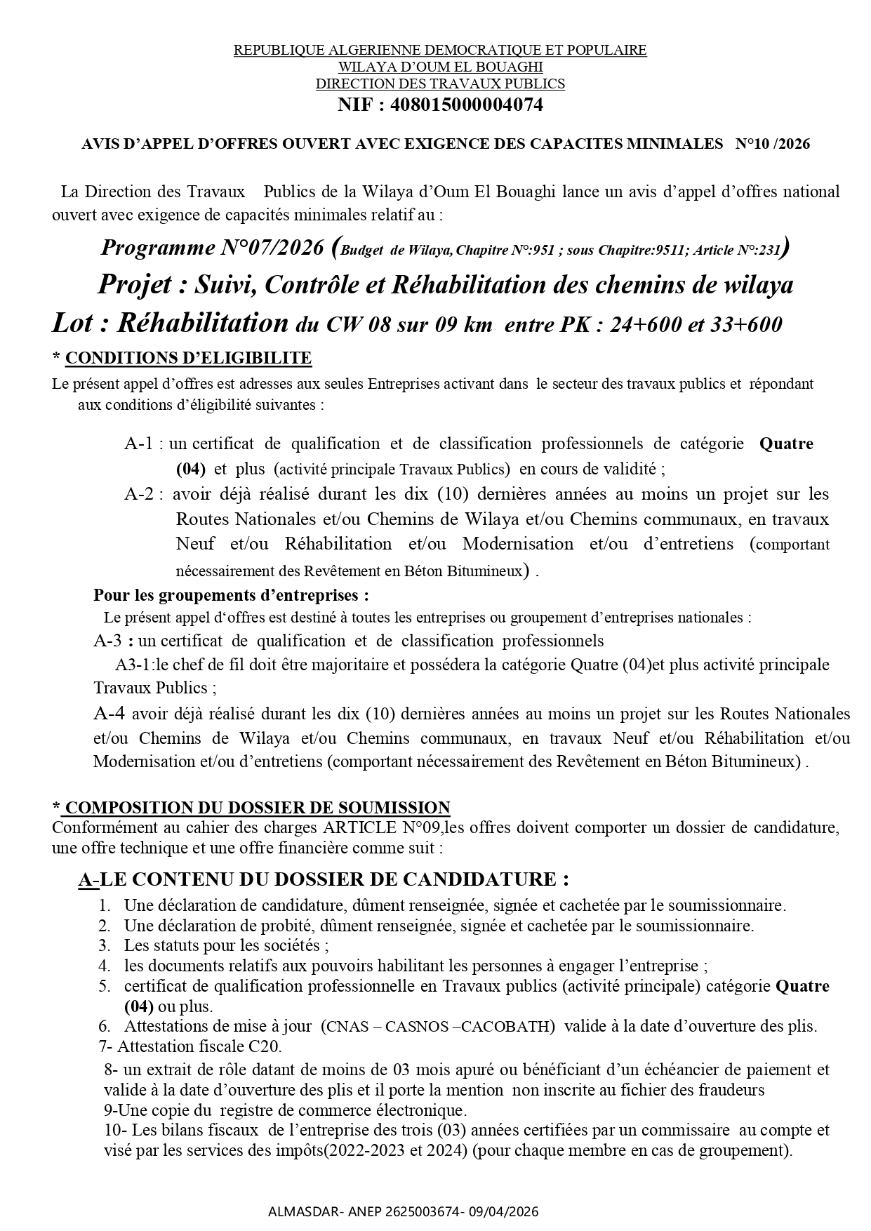 AVIS D’APPEL D’OFFRES OUVERT AVEC EXIGENCE DES CAPACITES MINIMALES   N°10 /2026 