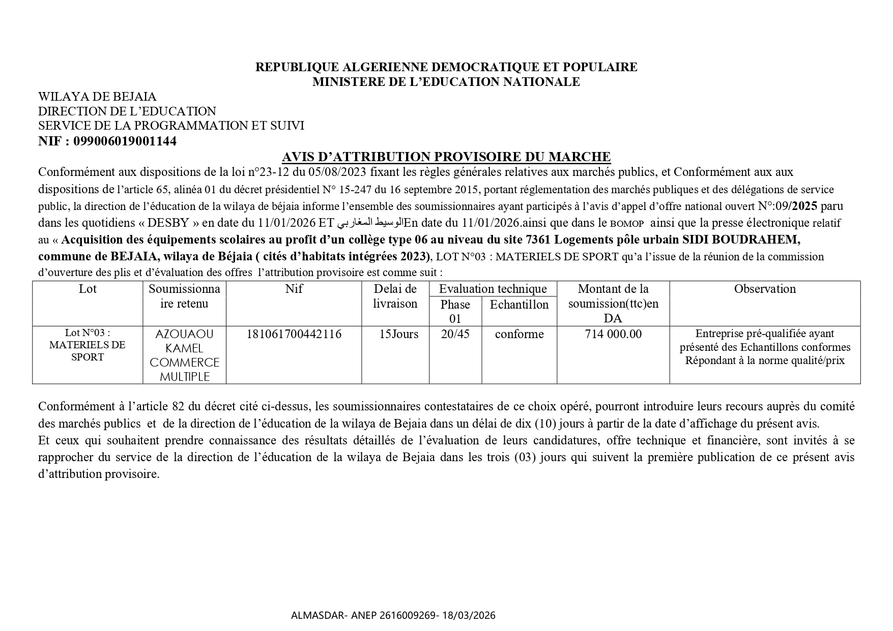 **/AVIS D’ATTRIBUTION PROVISOIRE DU MARCHE 
