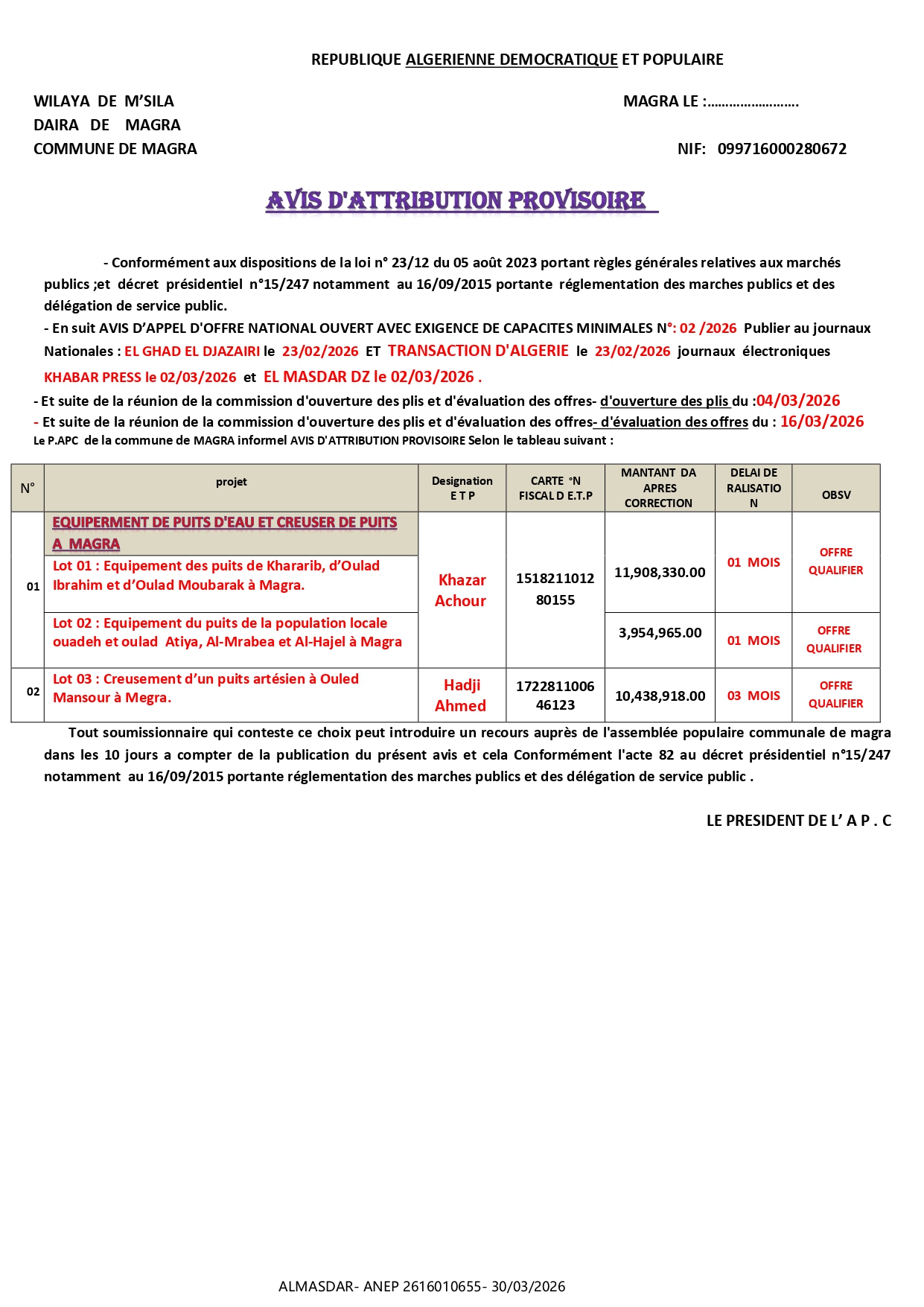 /*/AVIS D'ATTRIBUTION PROVISOIRE*/*/