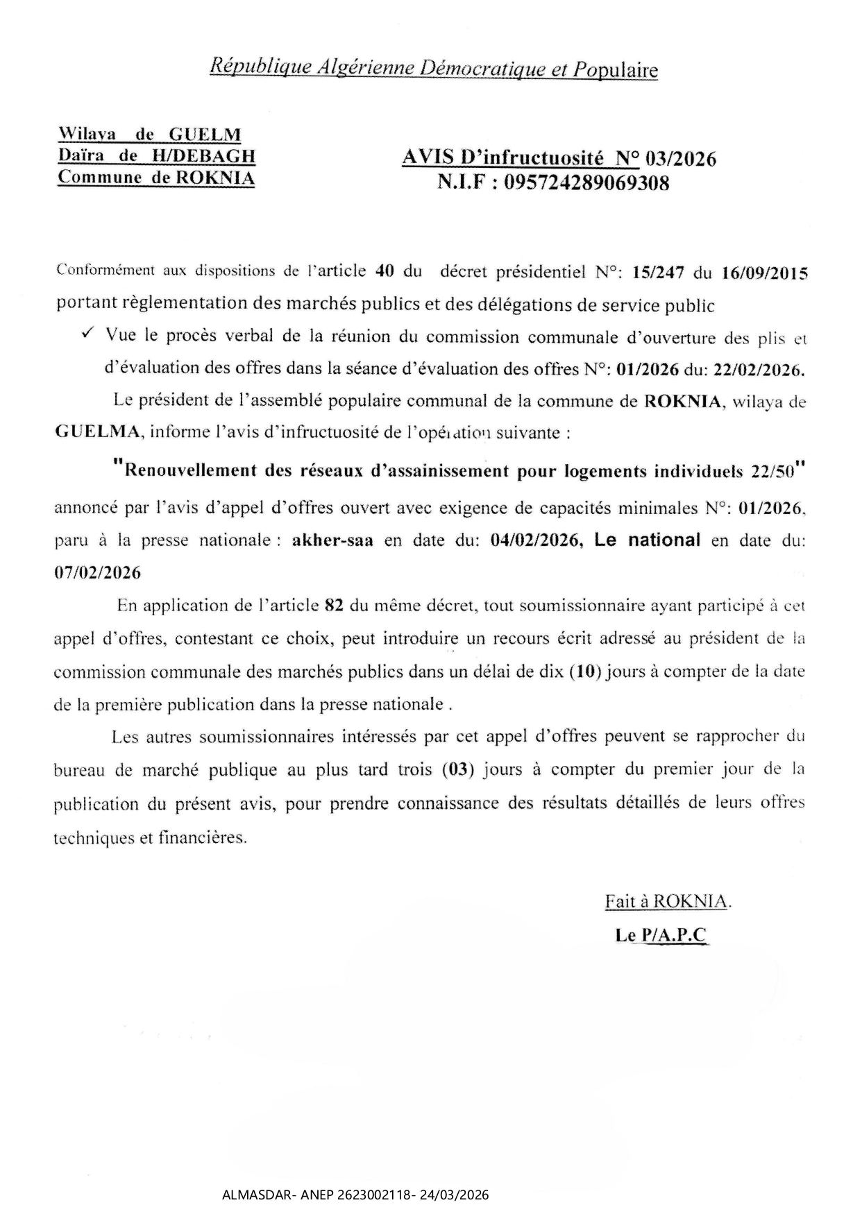 AVIS D'INFRUCTUOSITE N 03/2026