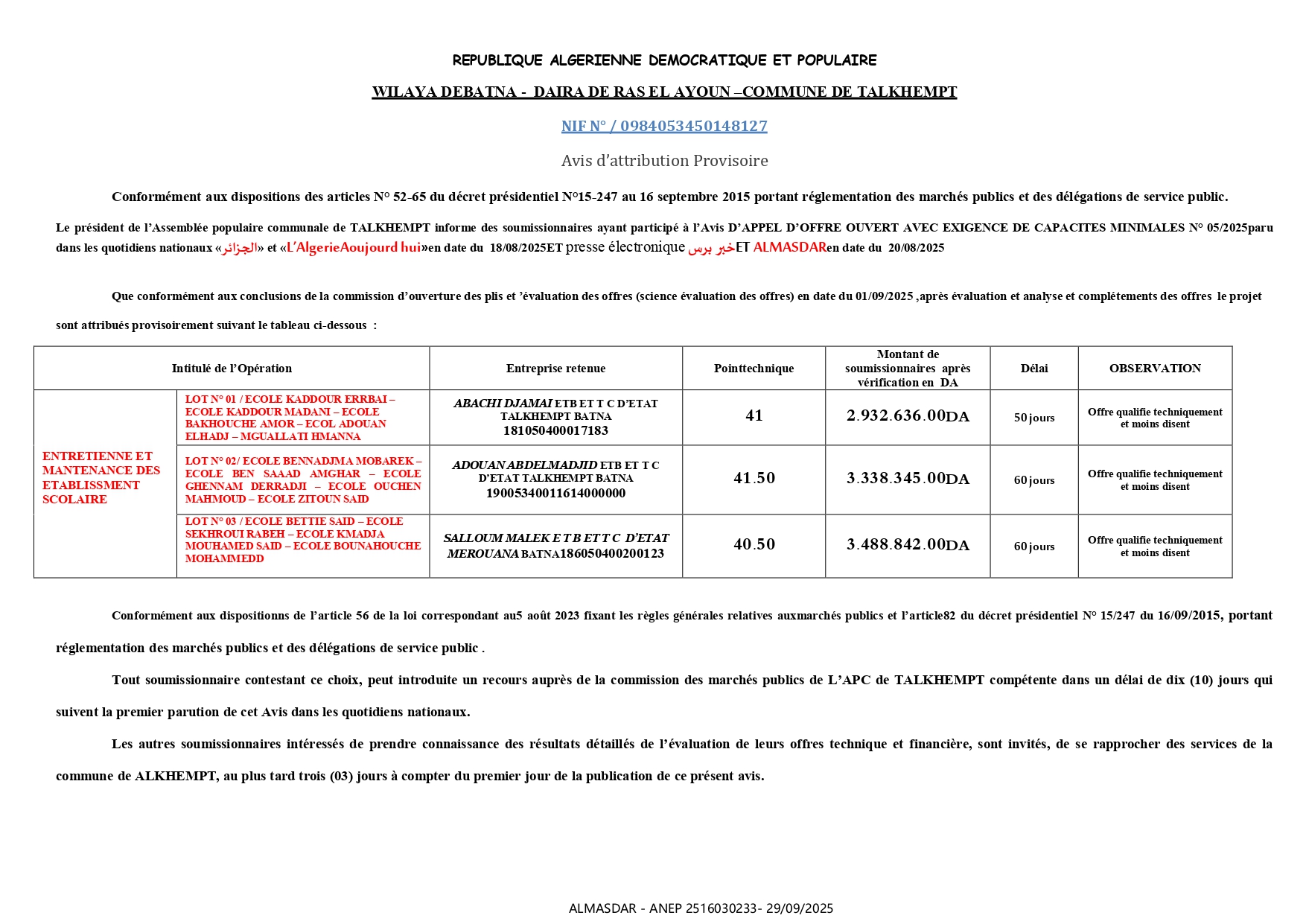 Avis d'attribution provisoire