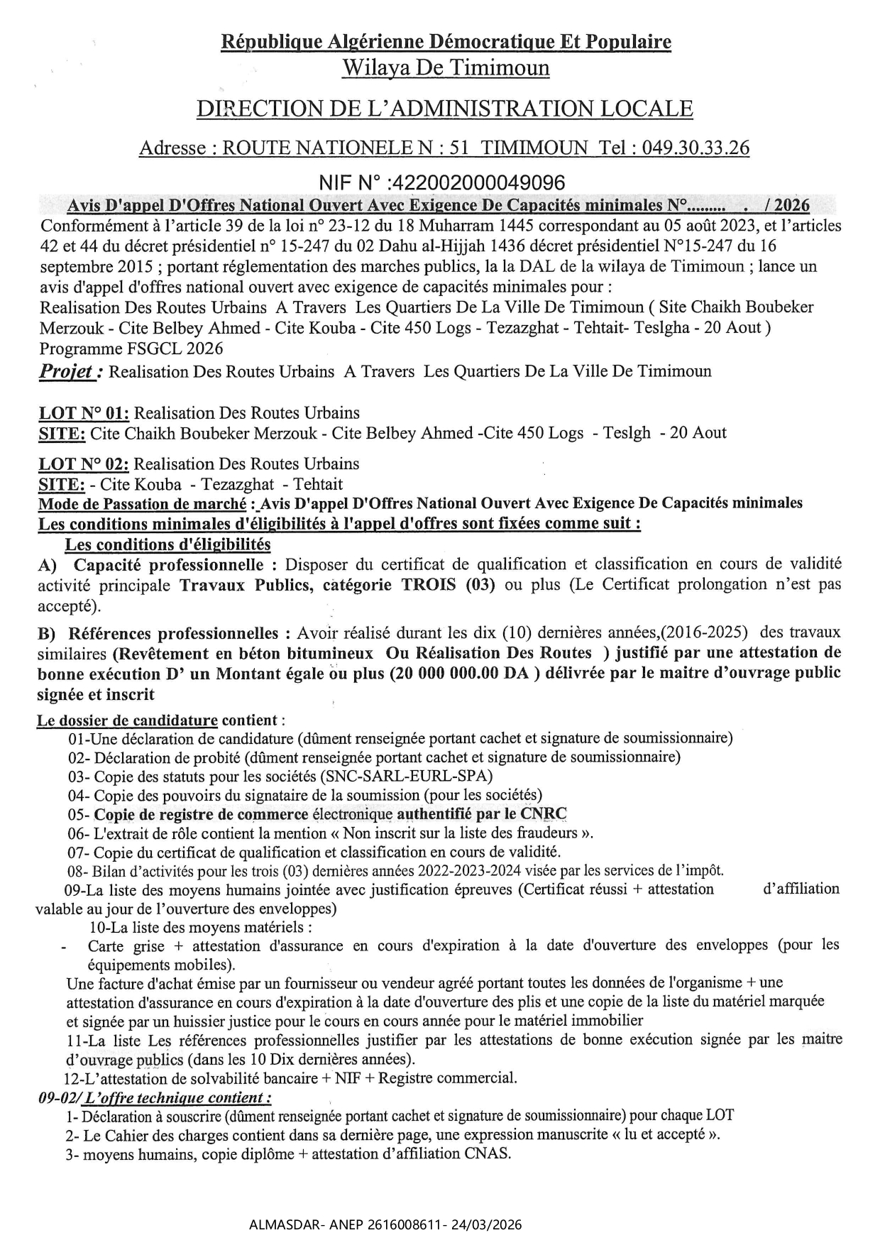 avis d'appel d'offres national ouvert avec exigence de capacites minimales****