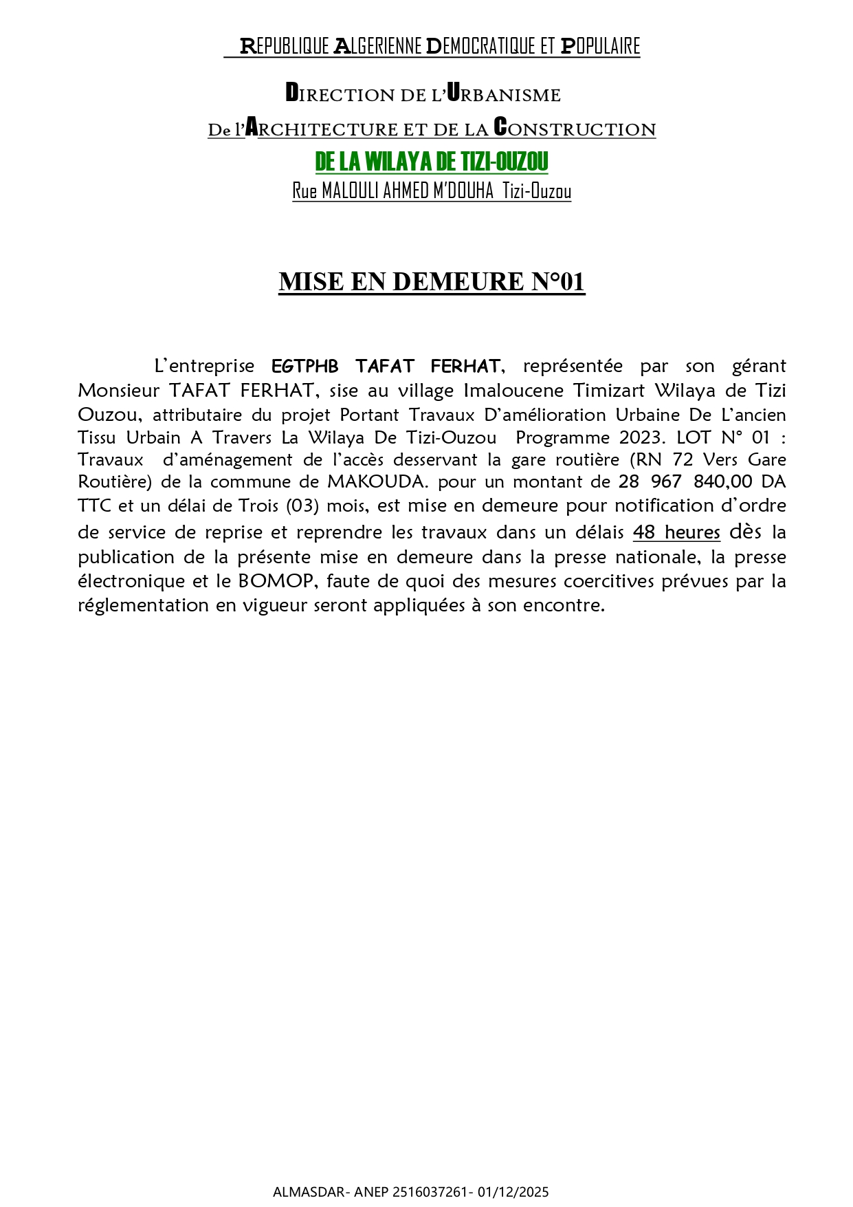 MISE EN DEMEURE N°01  *