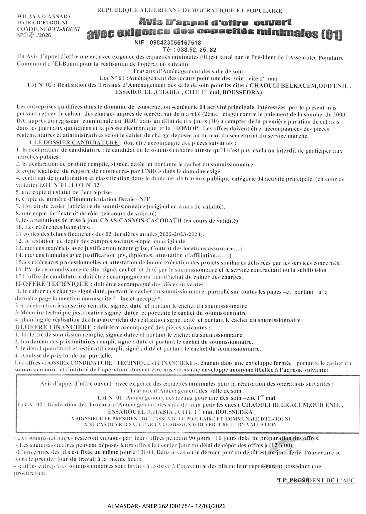 avis d'appel d'offre ouvert avec exigence des capacites minimales 01