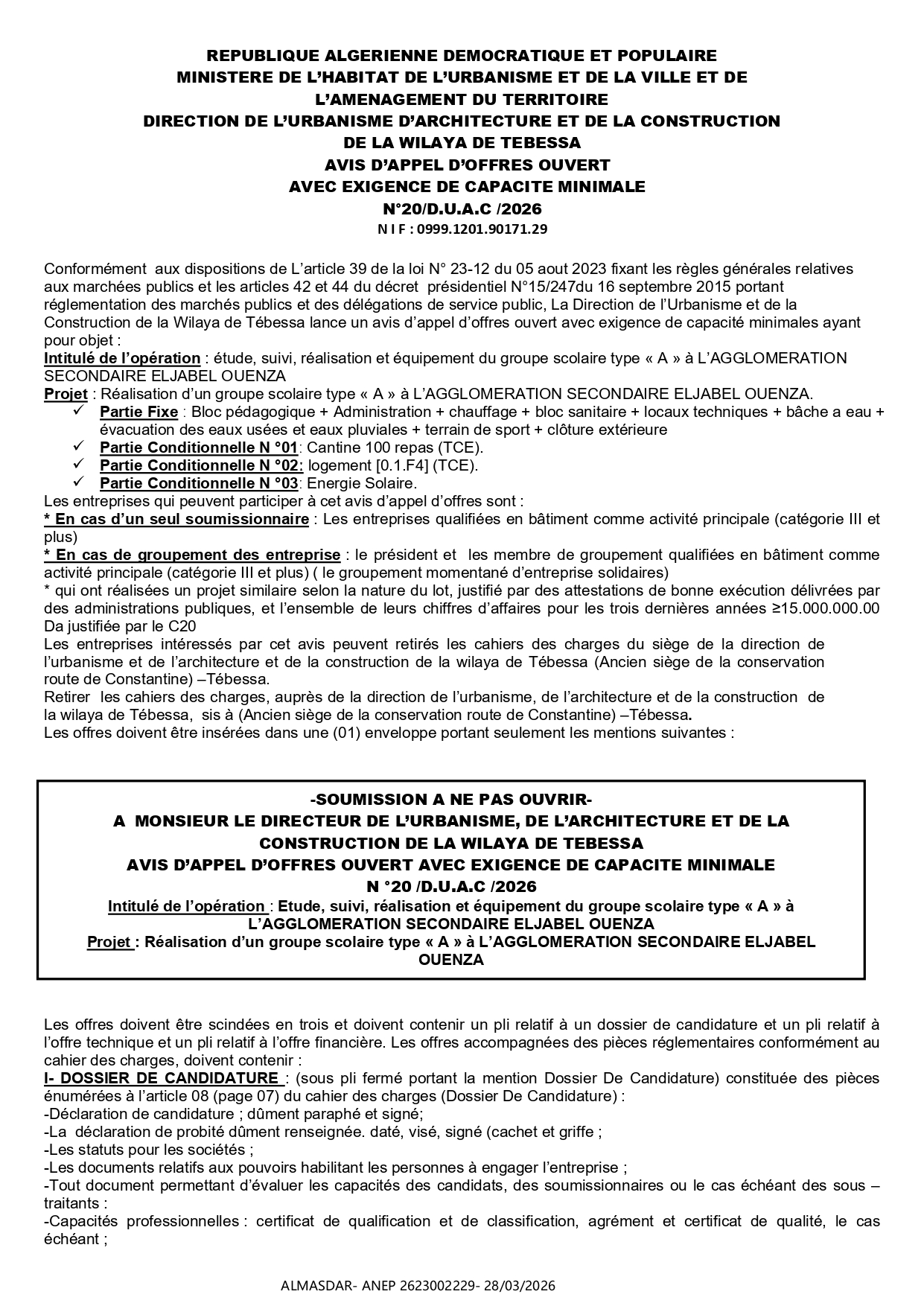 AVIS D’APPEL D’OFFRES OUVERT   AVEC EXIGENCE DE CAPACITE MINIMALE   N°20/D.U.A.C /2026