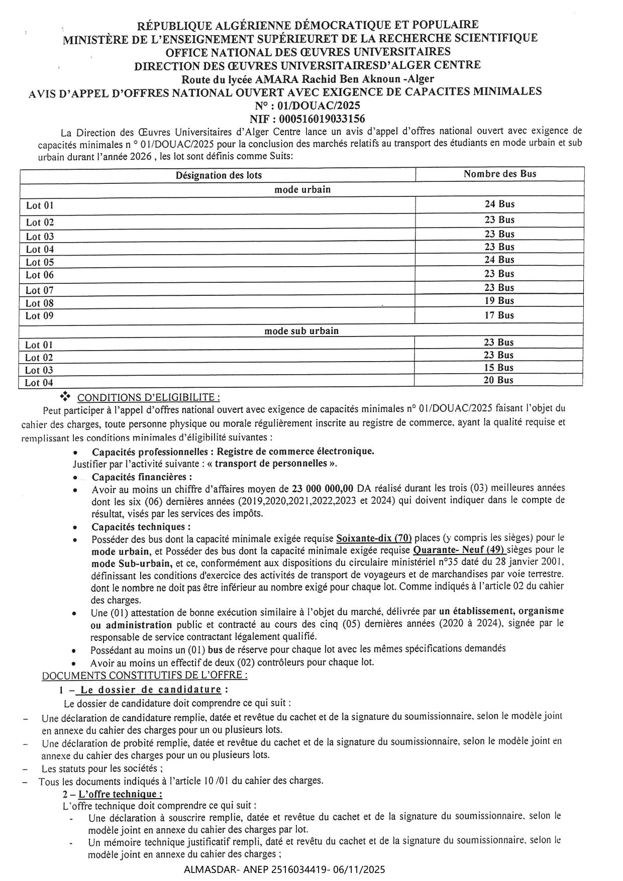 AVIS D'APPEL D'OFFRES NATIONAL OUVERT AVEC EXIGENCE DE CAPACITES MINIMALES N 2025/01O
