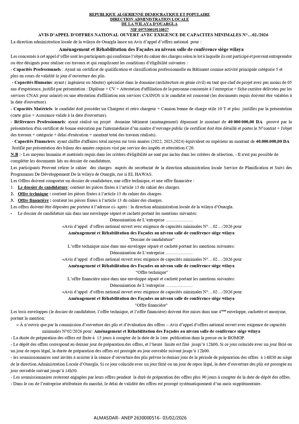 AVIS D’APPEL D’OFFRES NATIONAL OUVERT AVEC EXIGENCE DE CAPACITES MINIMALES N°…02./2026