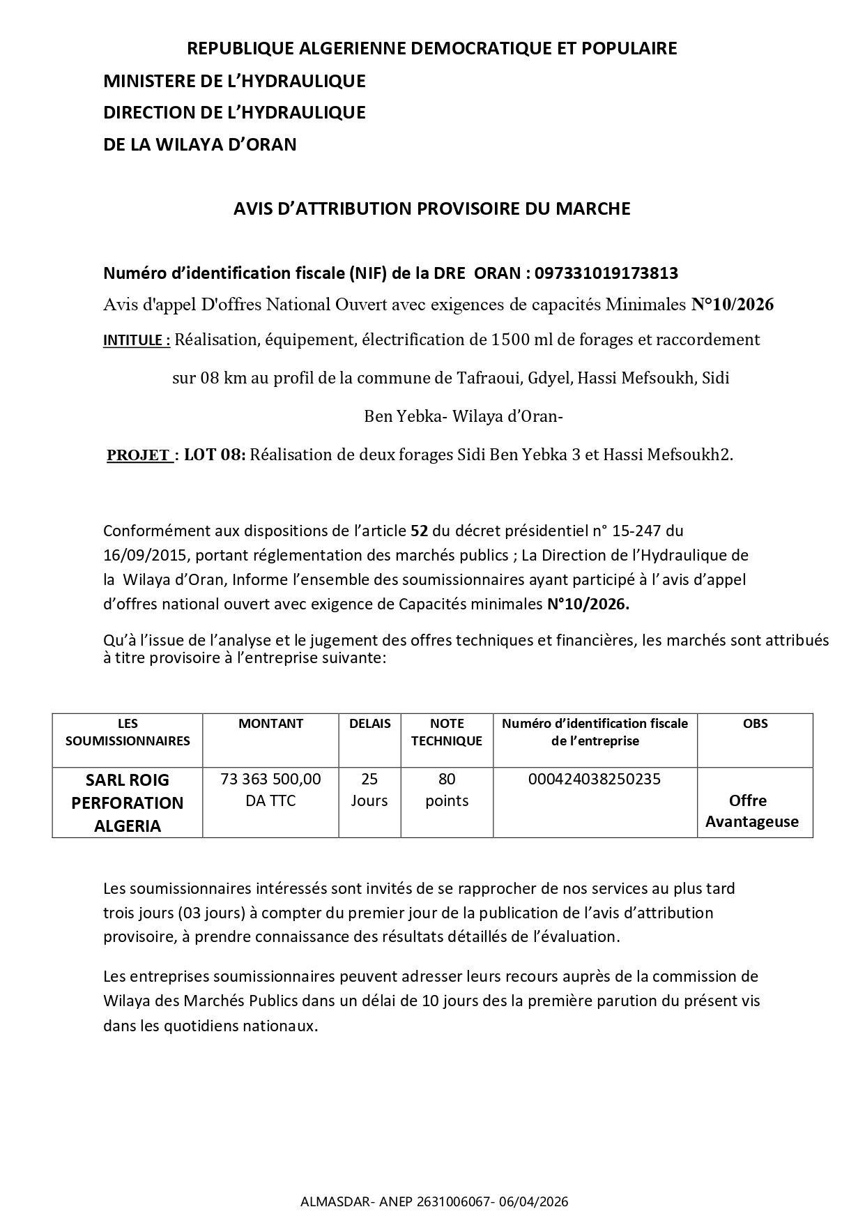 */*/AVIS D’ATTRIBUTION PROVISOIRE DU MARCHE
