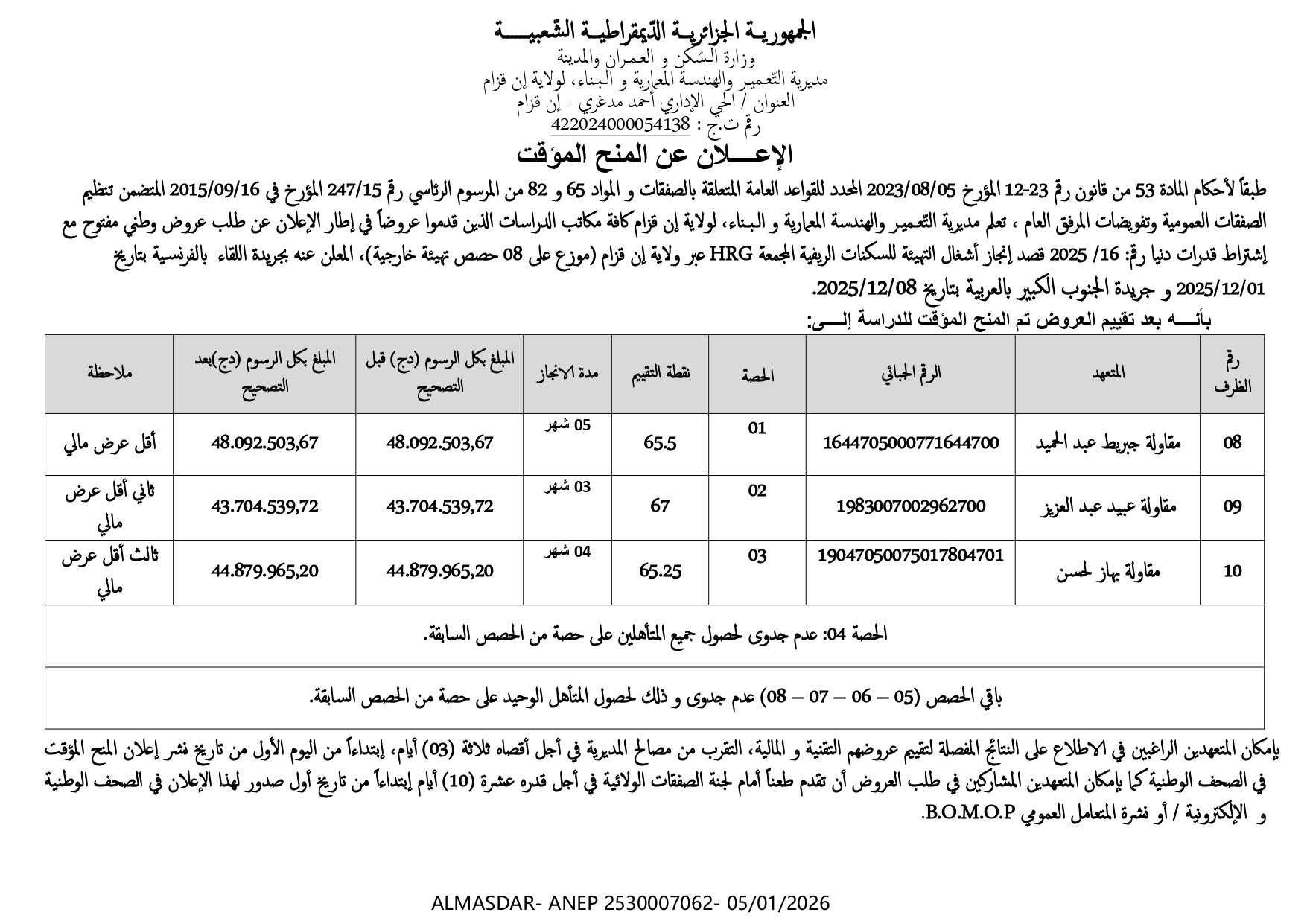 الإعلان عن المنح المؤقت */