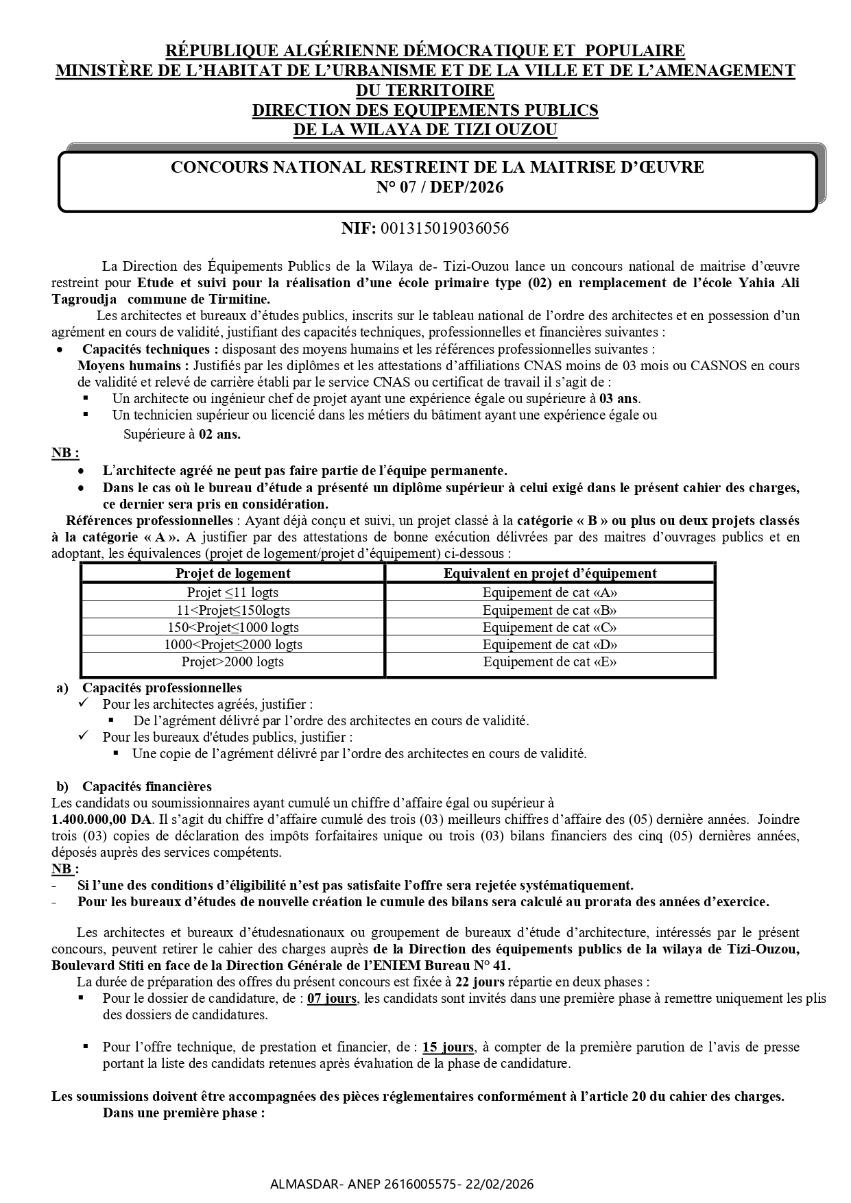 CONCOURS NATIONAL RESTREINT DE LA MAITRISE D’ŒUVRE   N° 07 / DEP/2026 