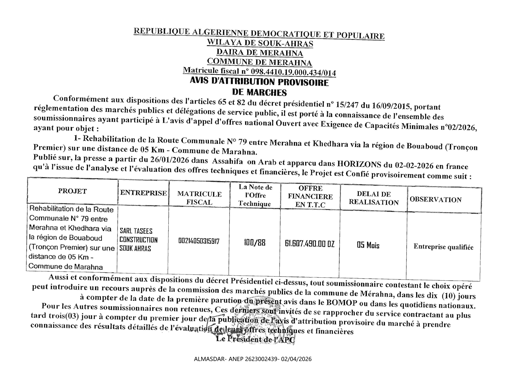 ***avis d'attribution provisoire de marche**