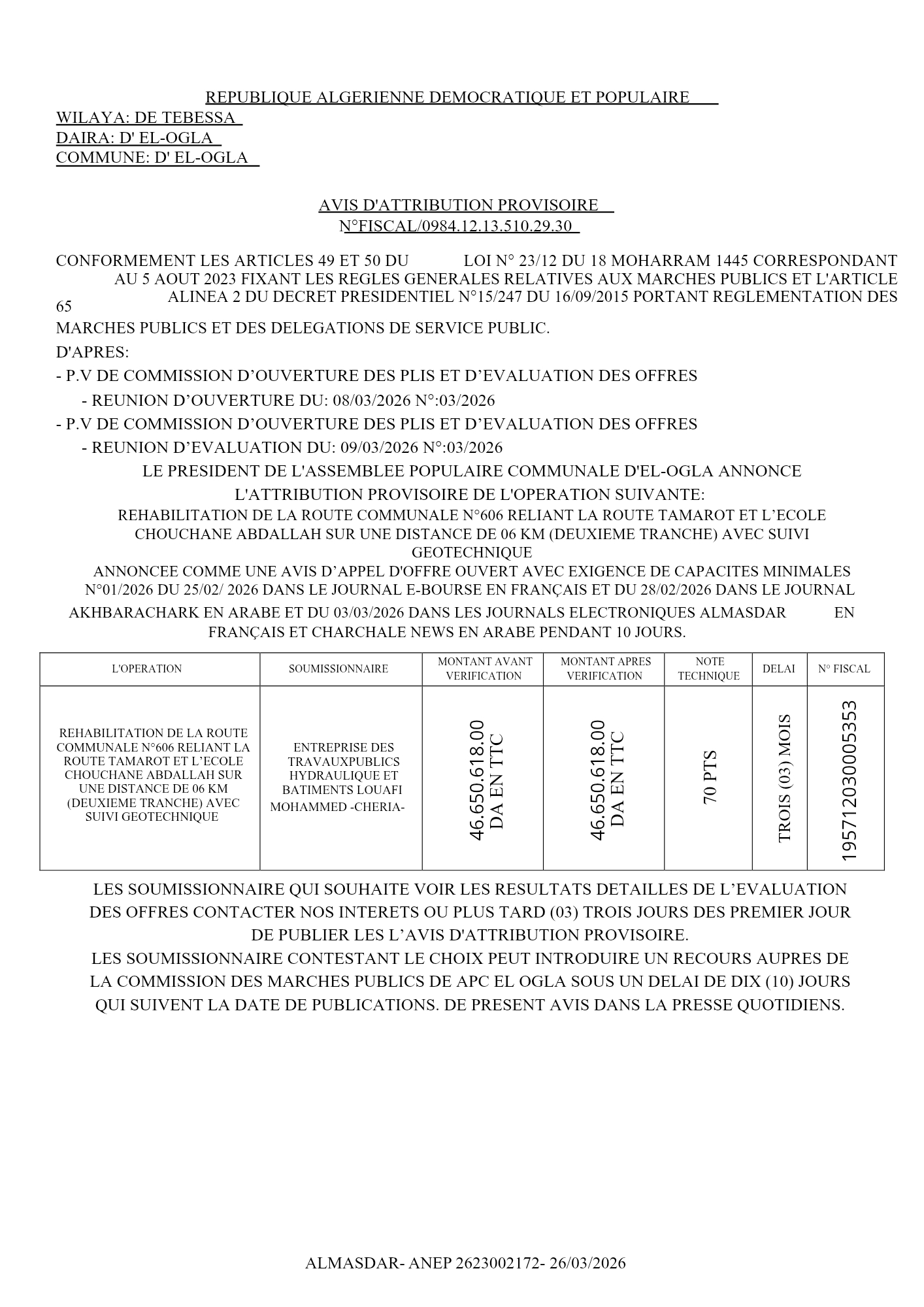 AVIS D'ATTRIBUTION PROVISOIREaAa