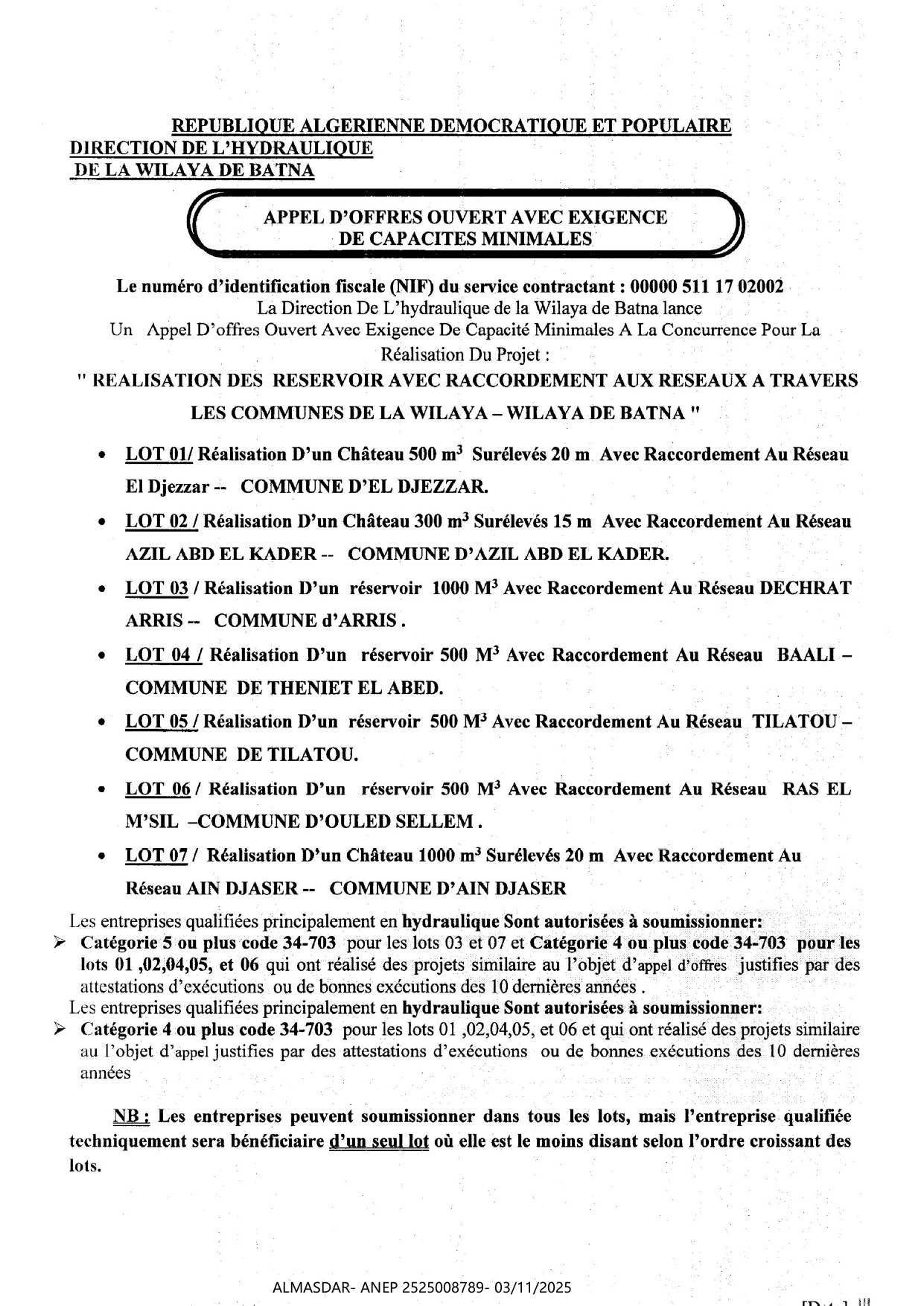 APPEL D'OFFRES OUVERT AVEC EXIGENCE DE CAPACITES MINIMALESB 