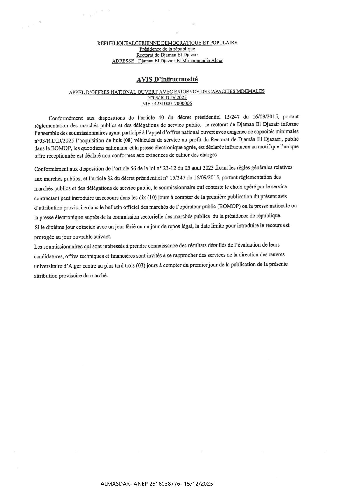 *AVIS D'INFRUCTUOSITE