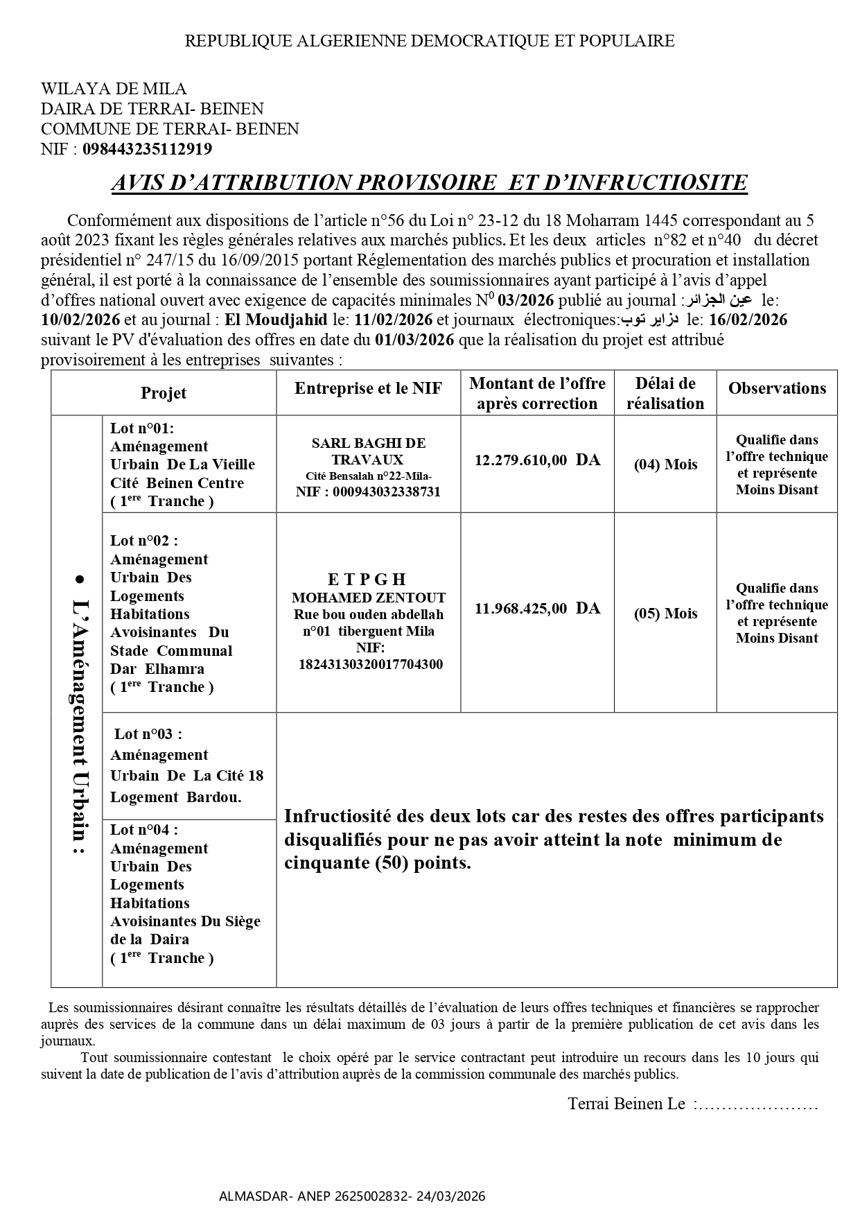 AVIS D’ATTRIBUTION PROVISOIRE  ET D’INFRUCTIOSITE 