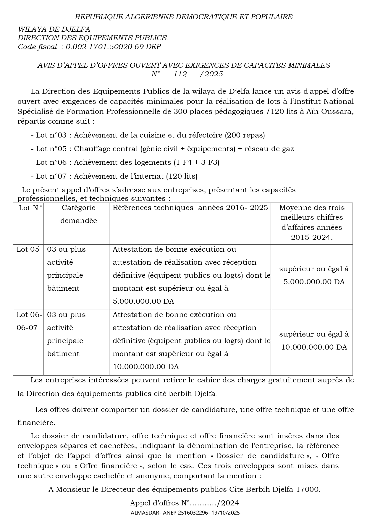 Avis d'appel d'offres ouvert avec exigences de capacites minimales n 2025/112 