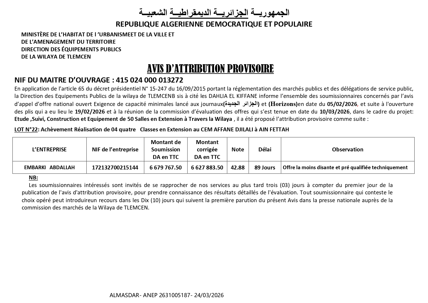 AVIS D’ATTRIBUTION PROVISOIRE   *-*