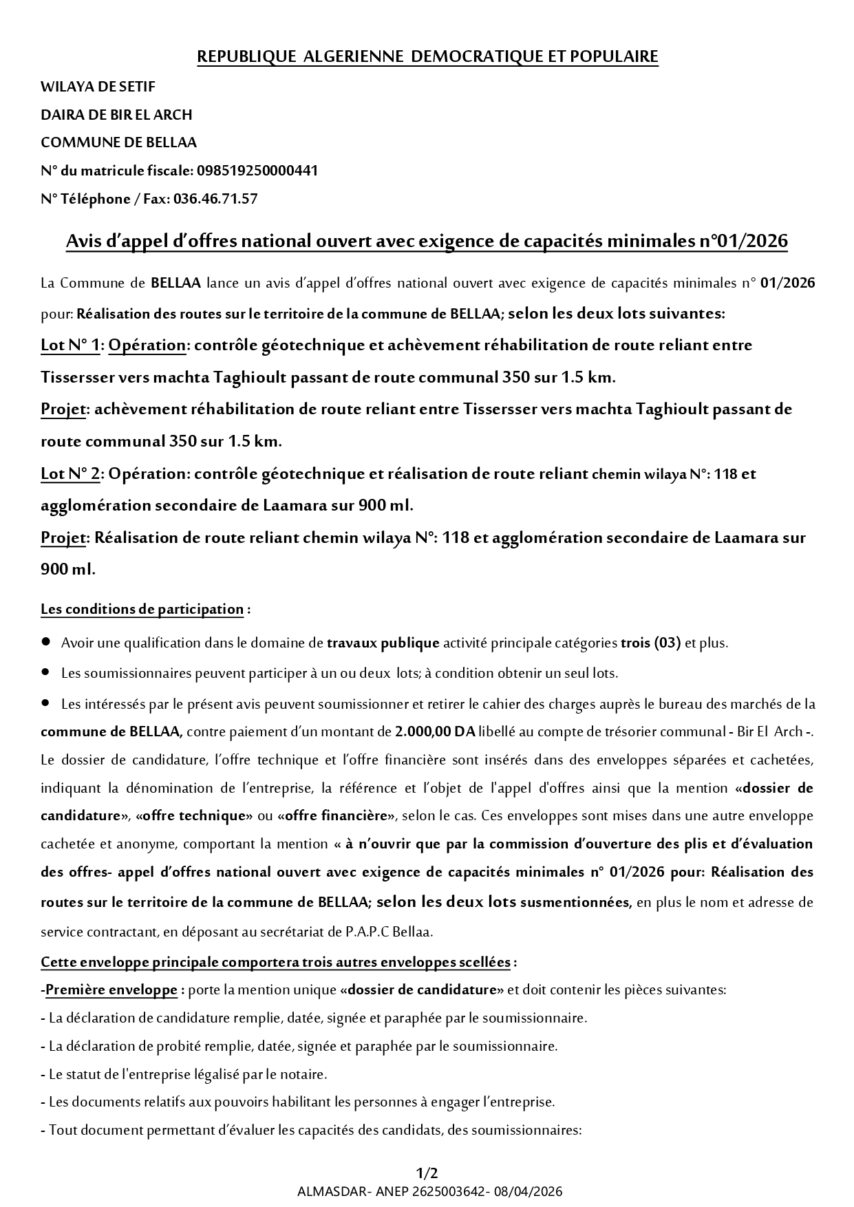 Avis d’appel d’offres national ouvert avec exigence de capacités minimales n°01/2026