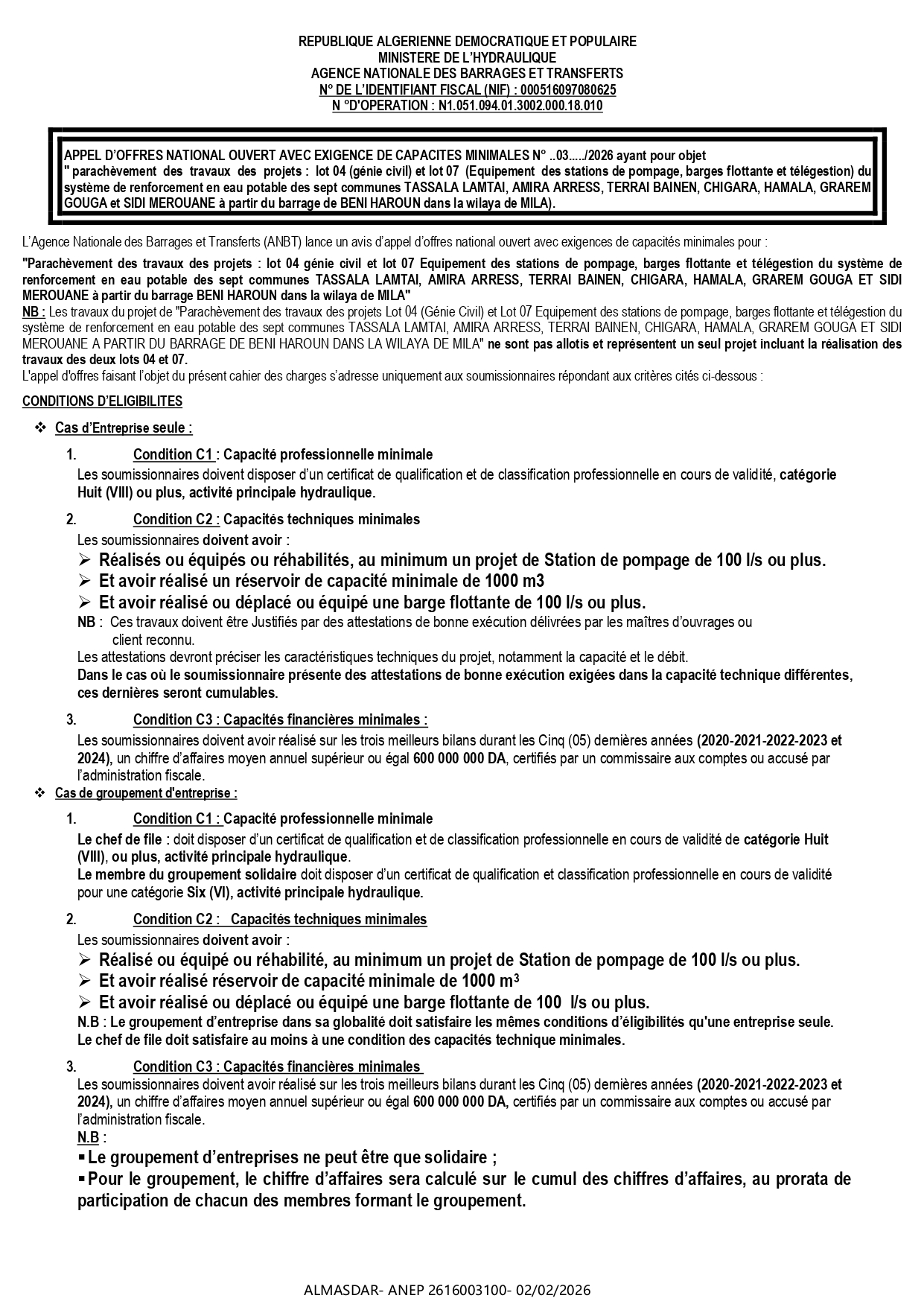 APPEL D’OFFRES NATIONAL OUVERT AVEC EXIGENCE DE CAPACITES MINIMALES N° ..03...../2026