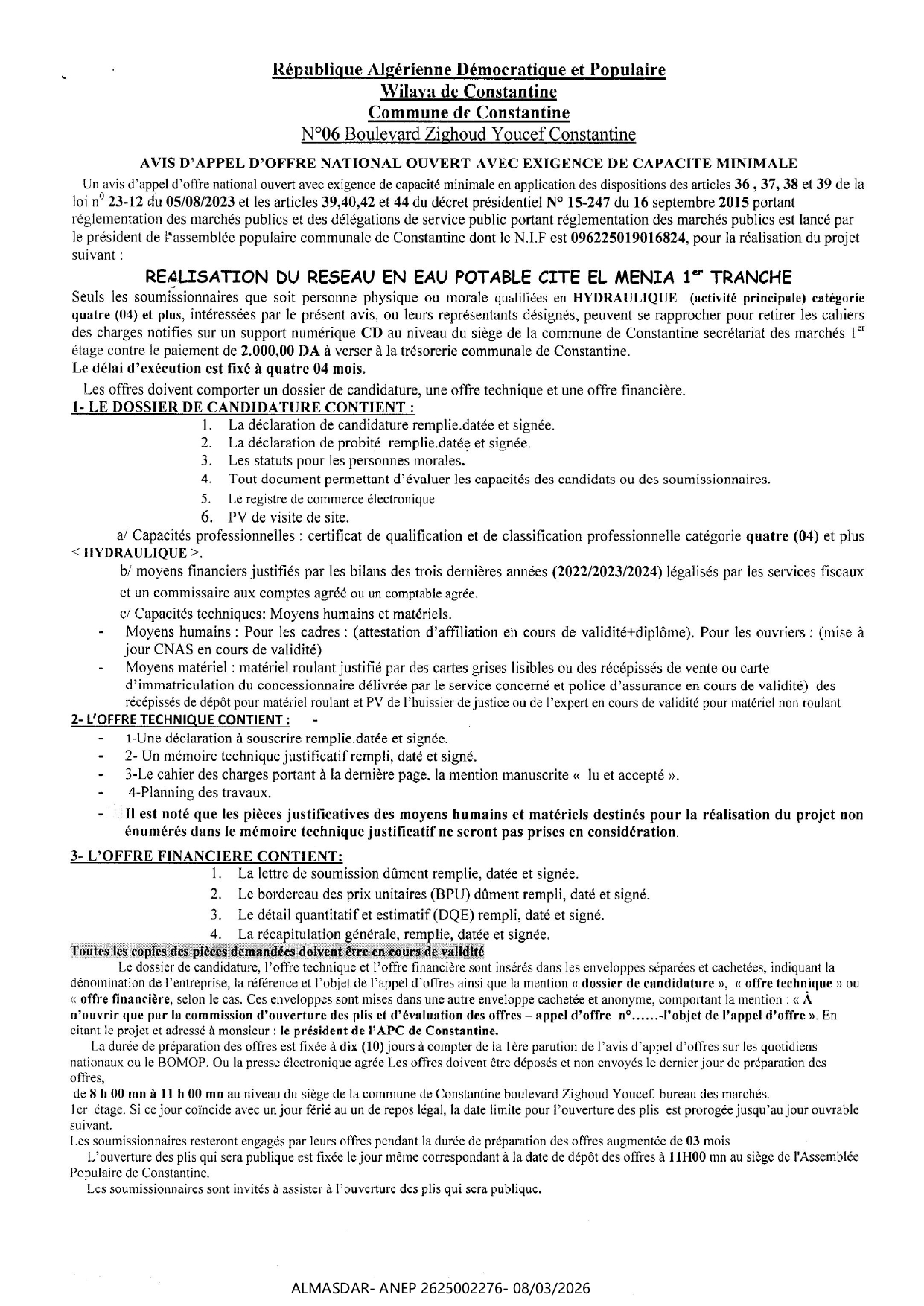 AVIS D'appel d'offre national ouvert avec exigence de capacite minimale-/