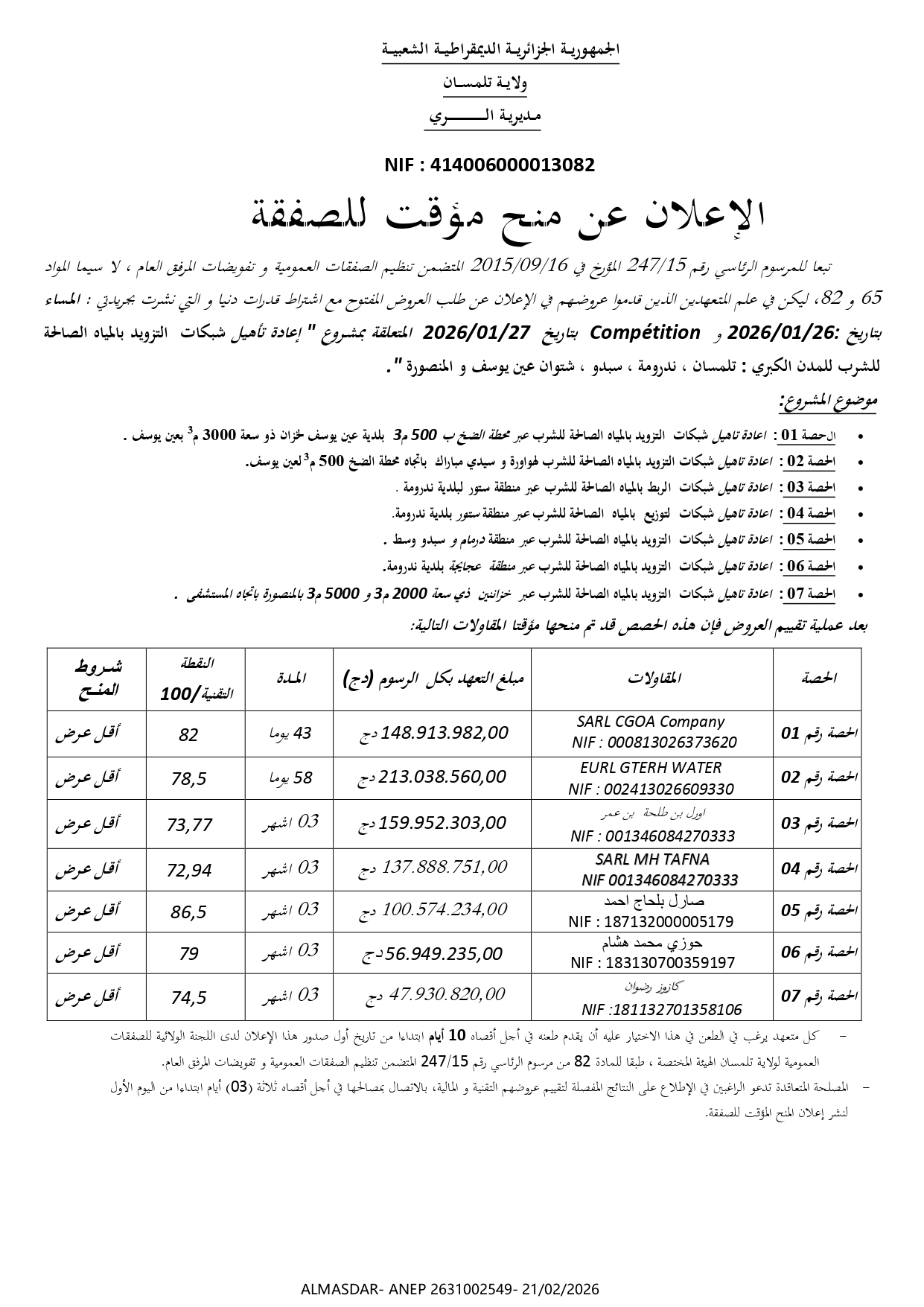 الاعلان عن منح مؤقت للصفقة*/*